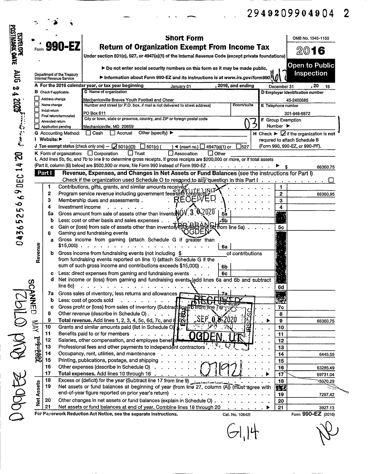 Image of first page of 2016 Form 990EZ for Mechanicsville Braves Football AND CHEER Club