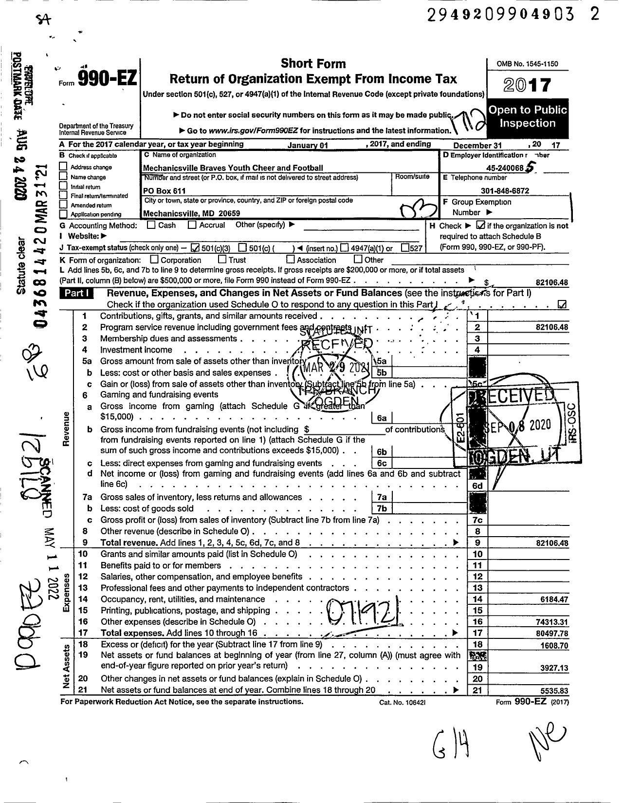 Image of first page of 2017 Form 990EZ for Mechanicsville Braves Football AND CHEER Club