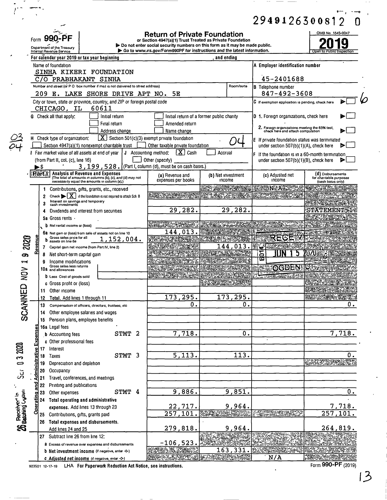 Image of first page of 2019 Form 990PF for Sinha Kikeri Foundation