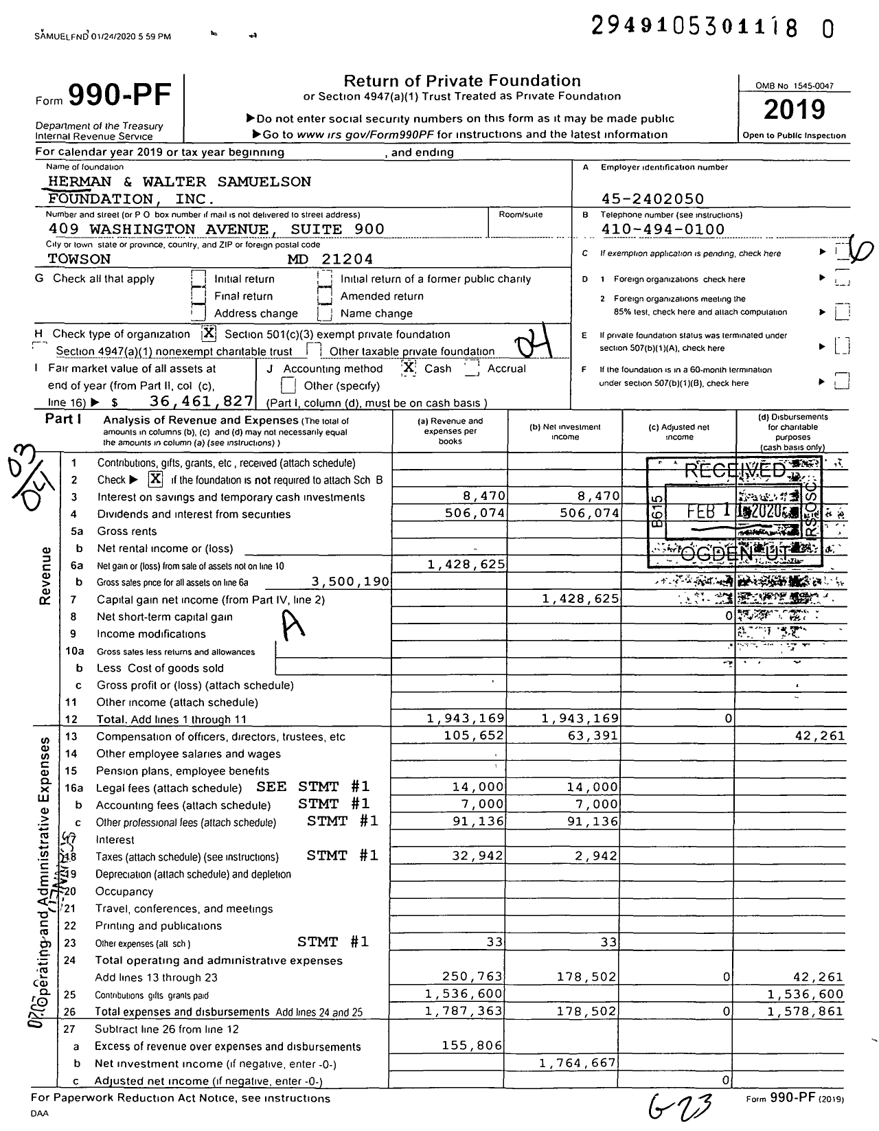 Image of first page of 2019 Form 990PR for Herman and Walter Samuelson Foundation