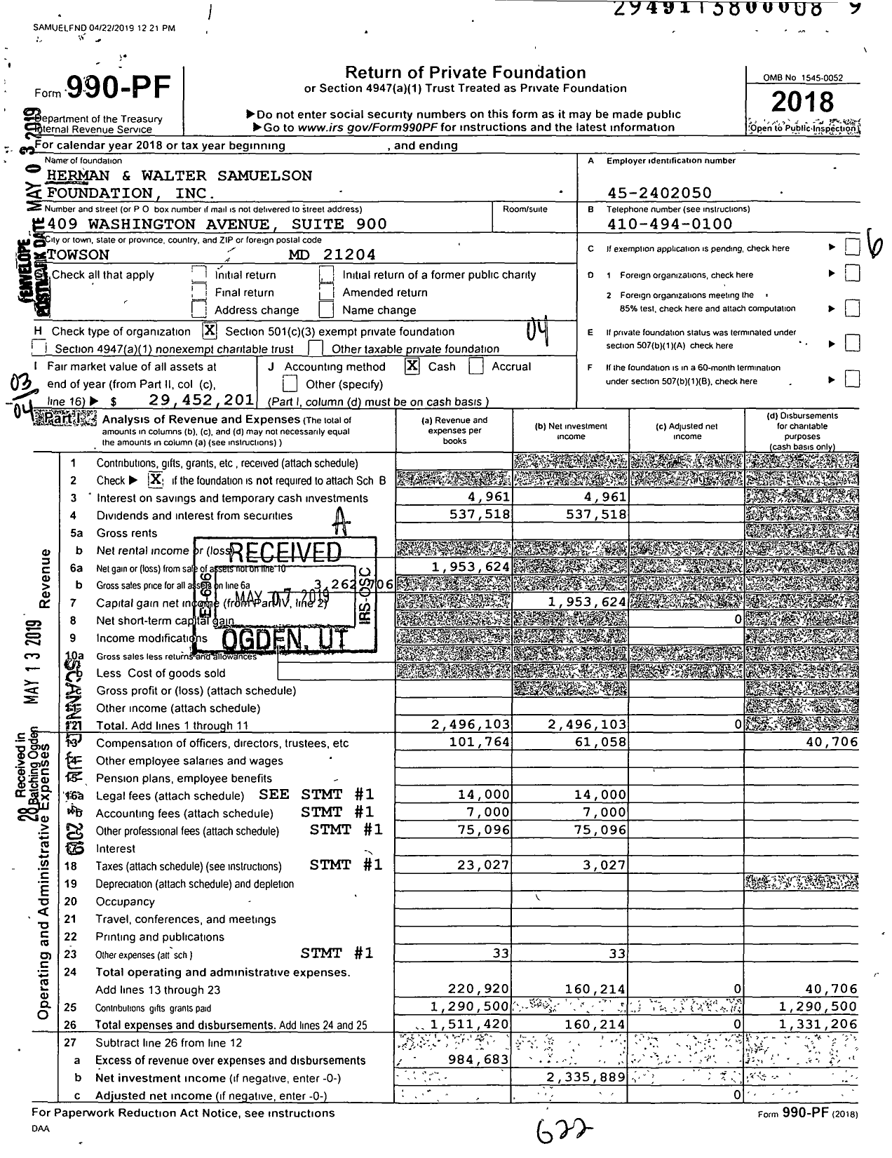 Image of first page of 2018 Form 990PF for Herman and Walter Samuelson Foundation