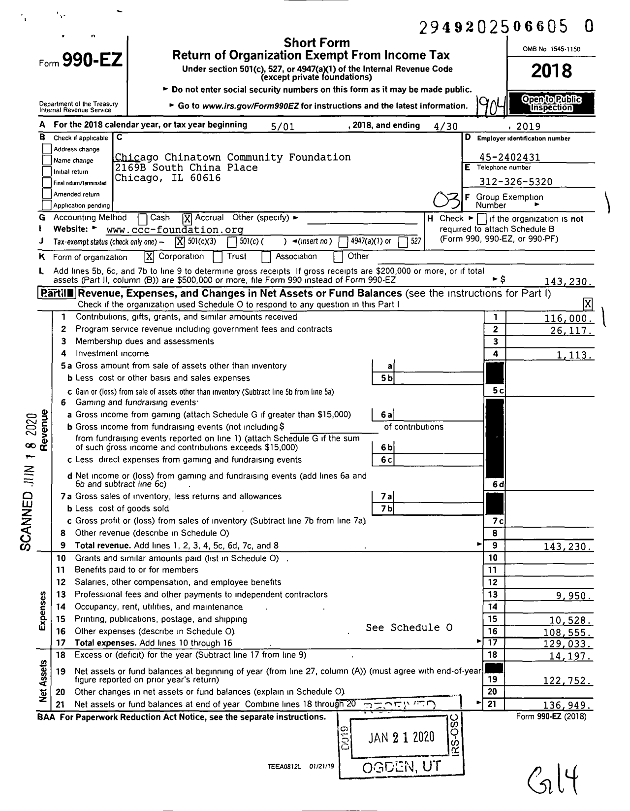 Image of first page of 2018 Form 990EZ for Chicago Chinatown Community Foundation