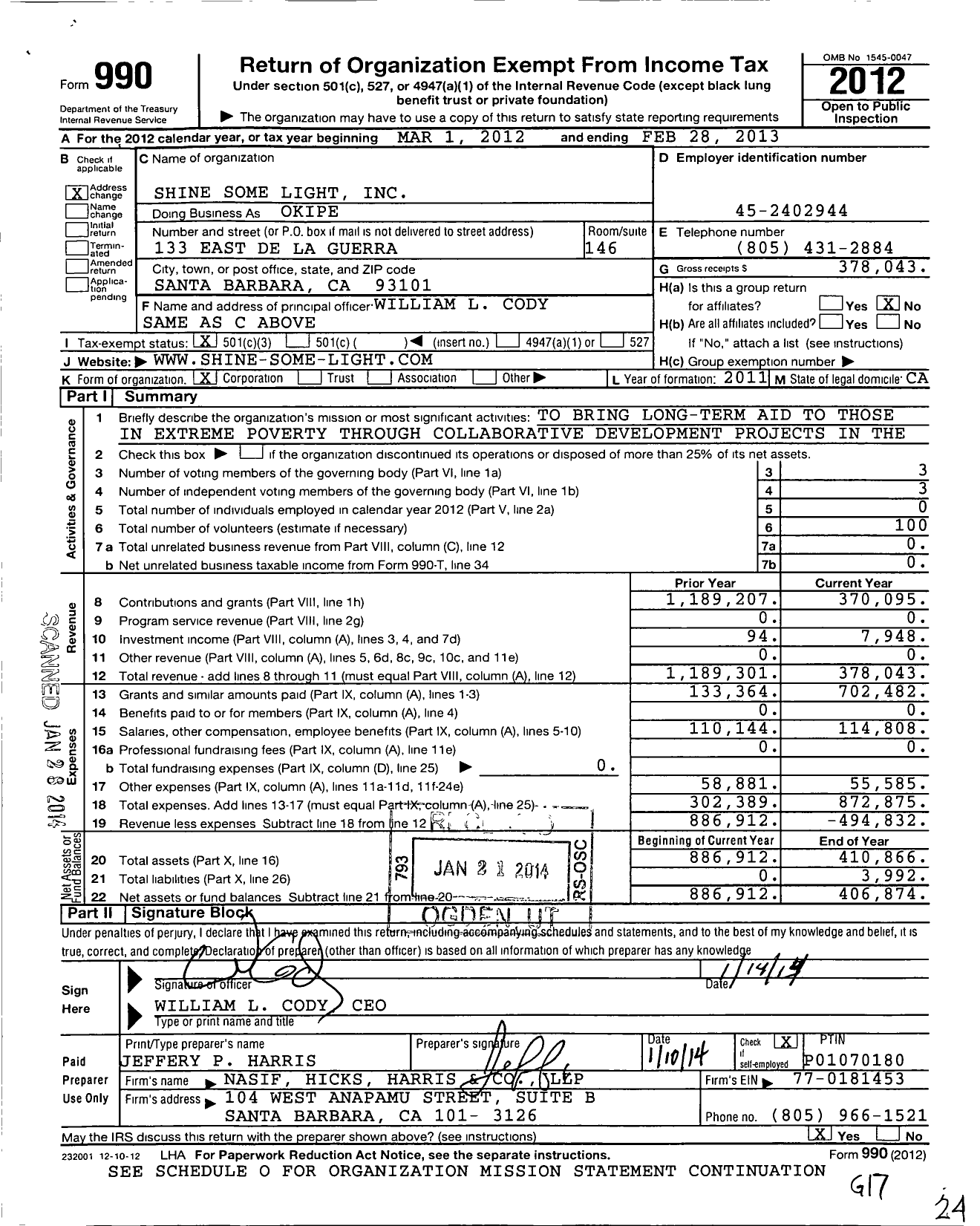 Image of first page of 2012 Form 990 for Shine Some Light