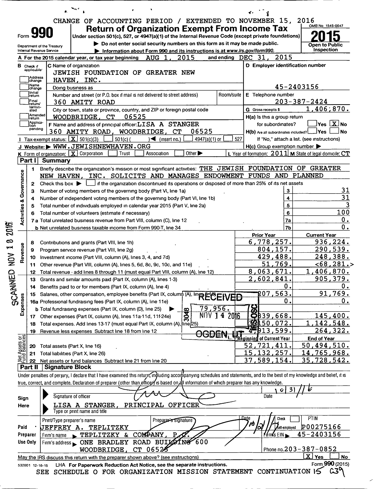 Image of first page of 2015 Form 990 for Jewish Foundation of Greater New Haven