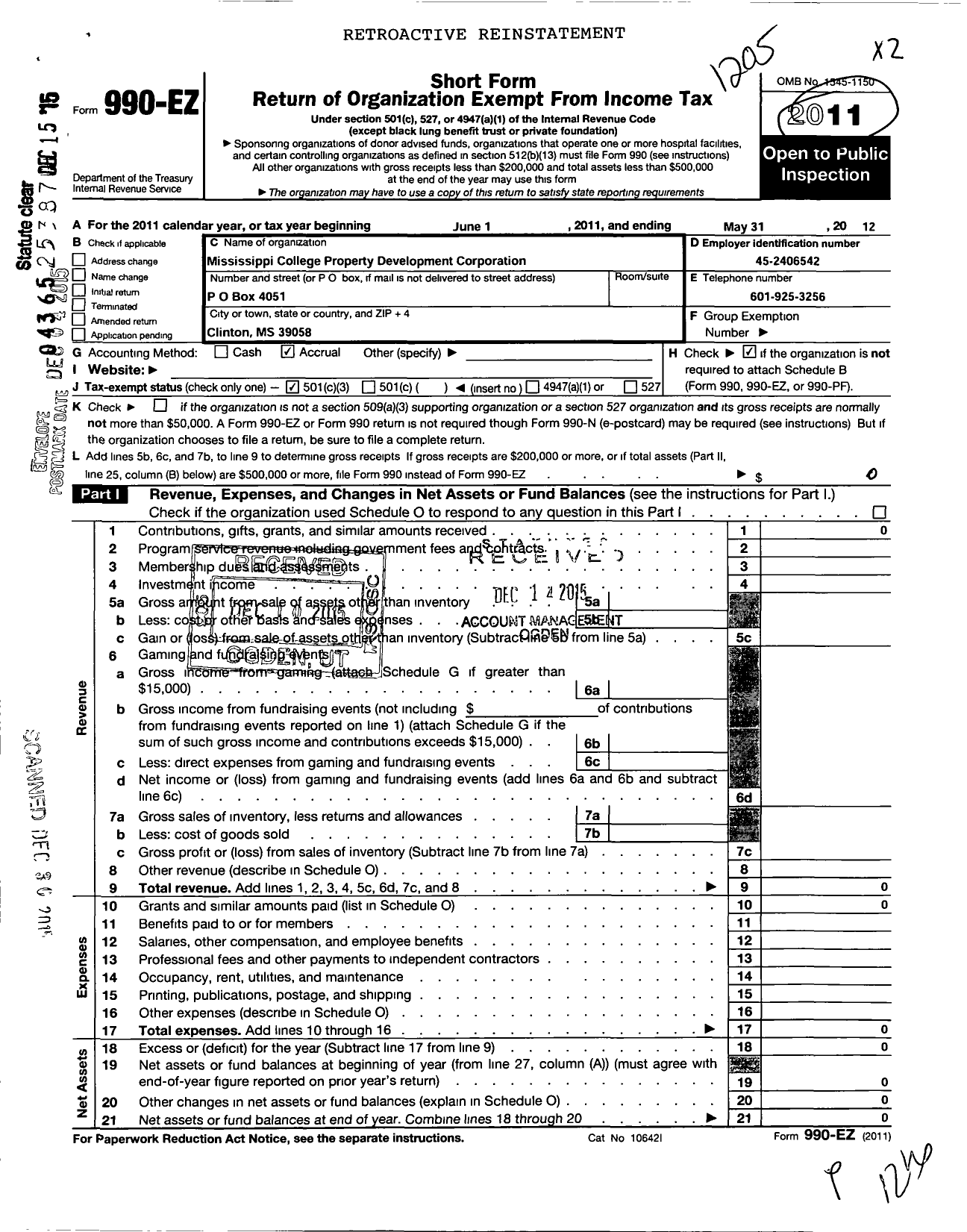 Image of first page of 2011 Form 990EZ for Mississippi College Property Development Corporation