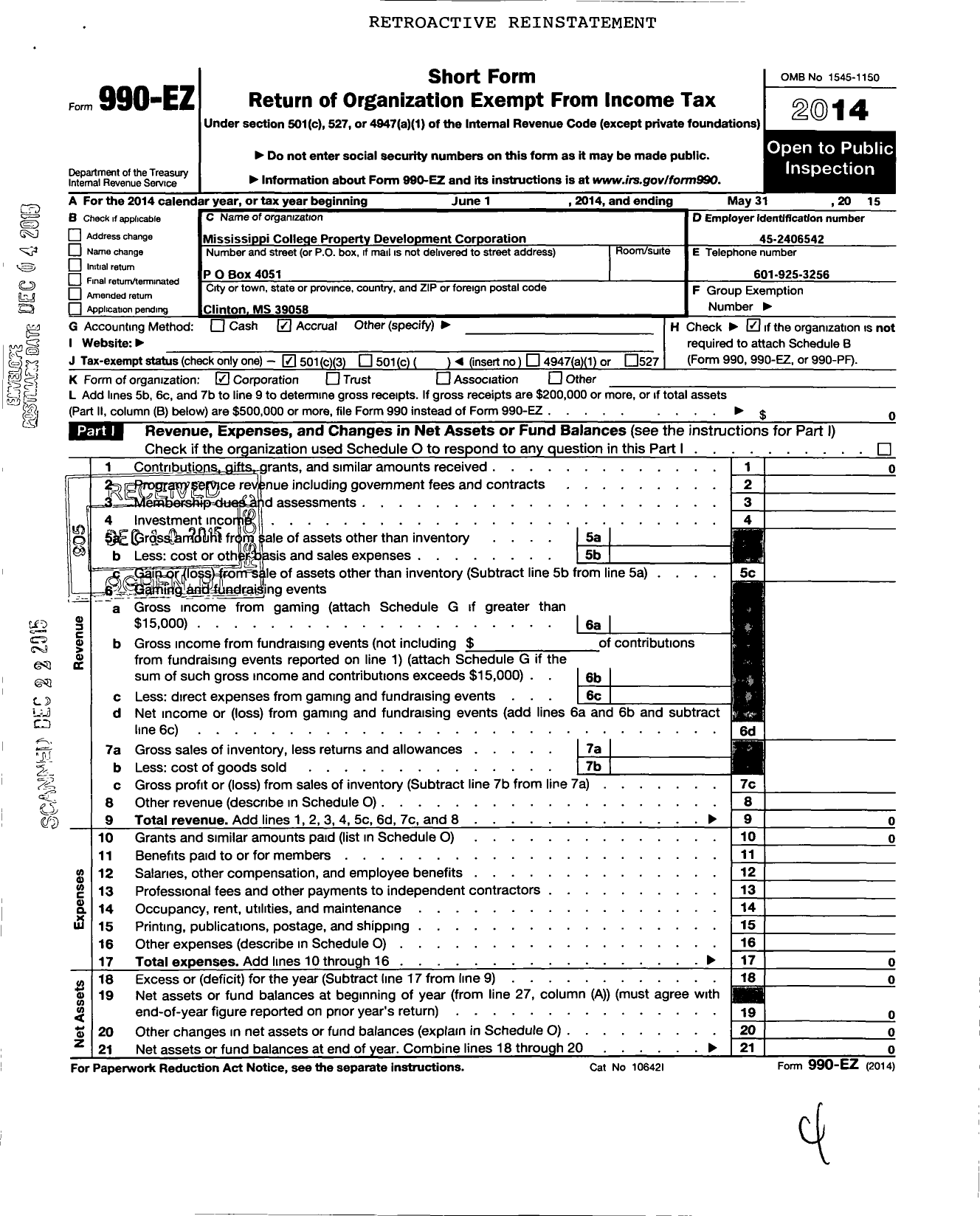 Image of first page of 2014 Form 990EZ for Mississippi College Property Development Corporation