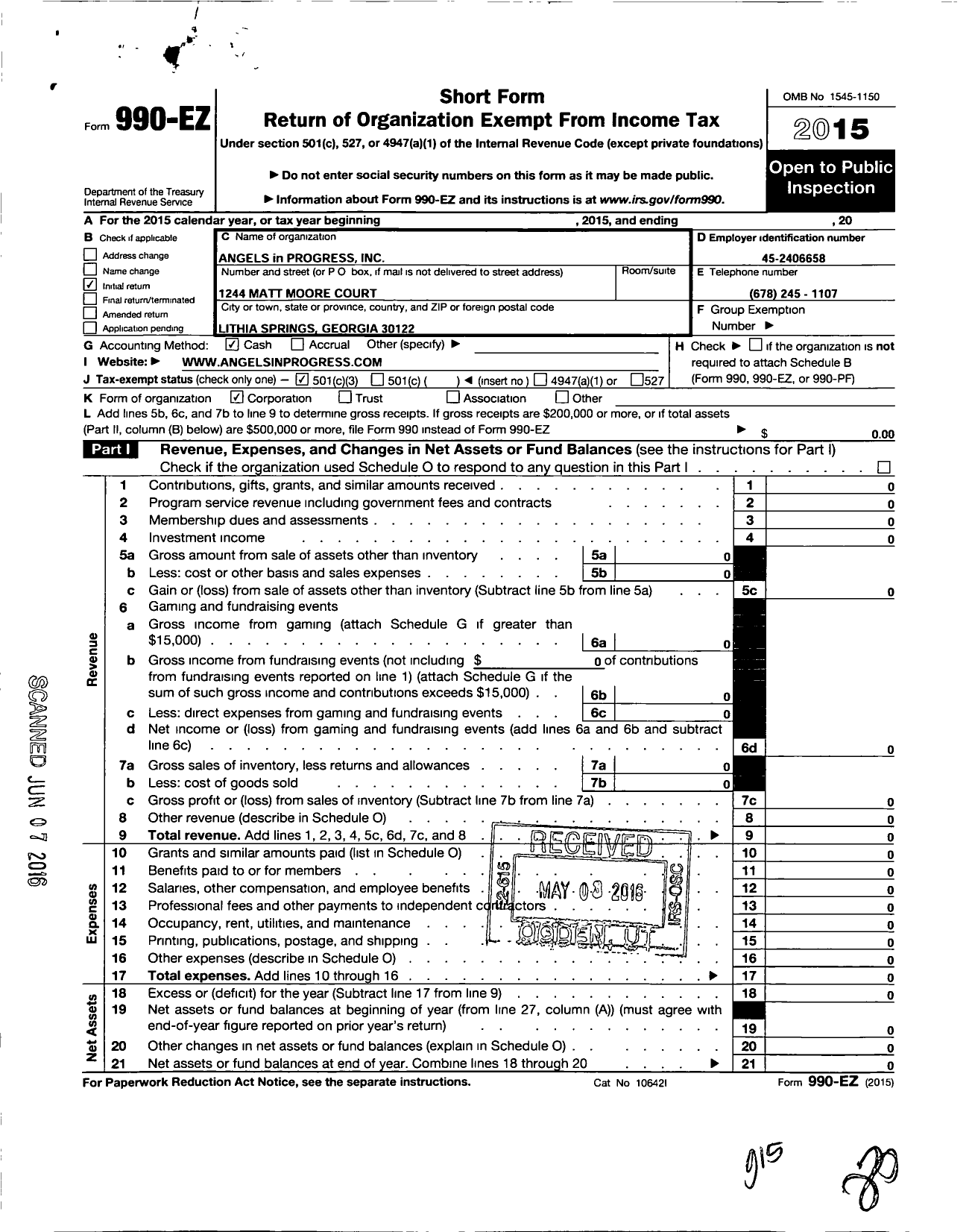 Image of first page of 2015 Form 990EZ for Angels in Progress