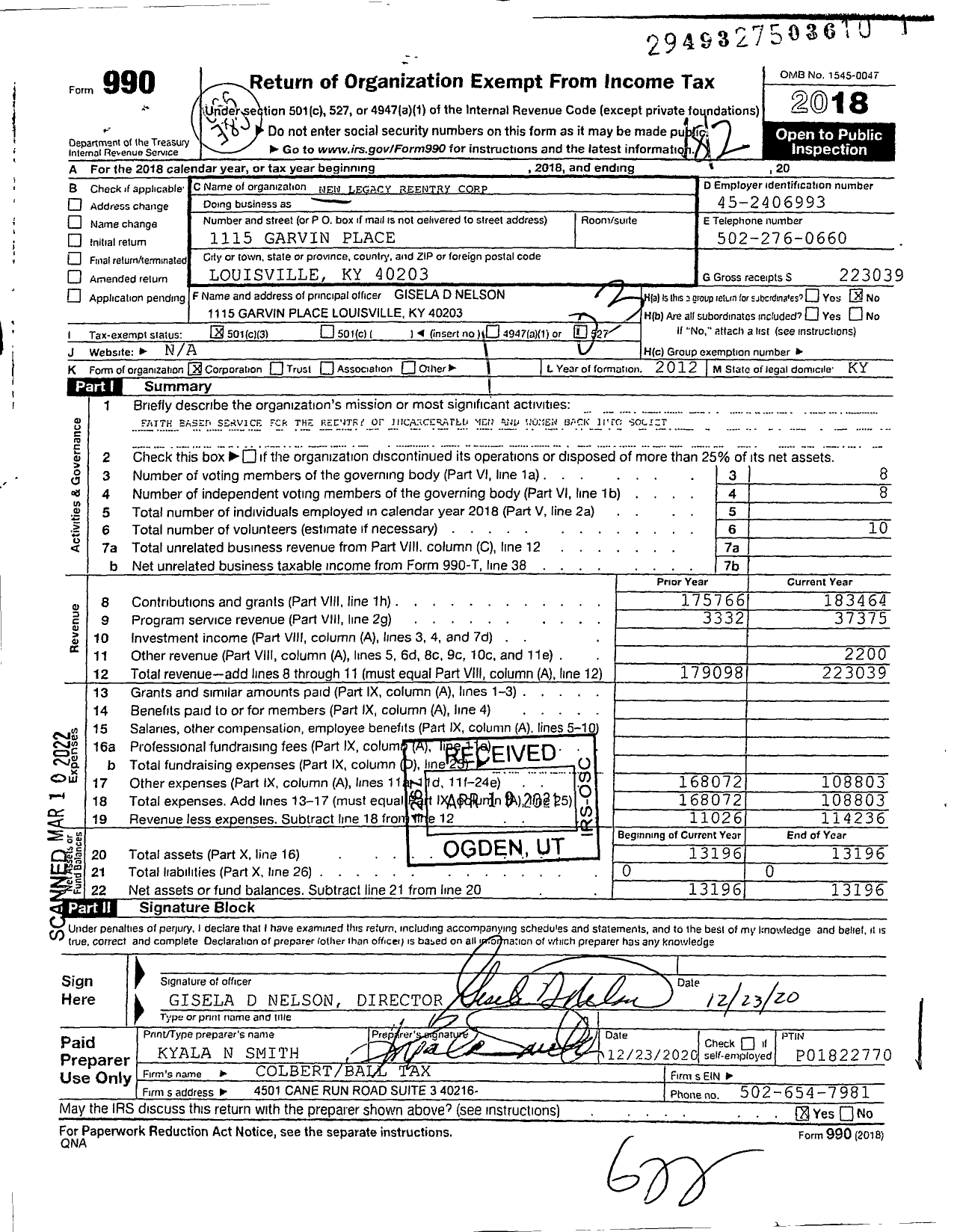 Image of first page of 2018 Form 990 for New Legacy Reentry Corporation