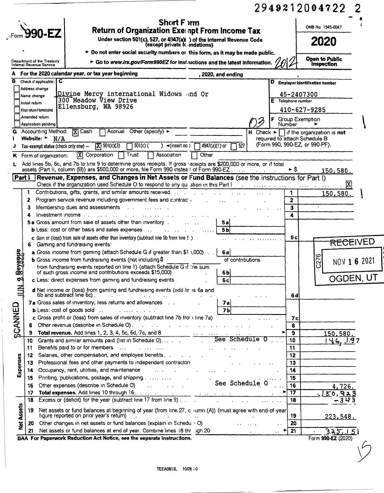 Image of first page of 2020 Form 990EZ for Divine Mercy international Widows and Or