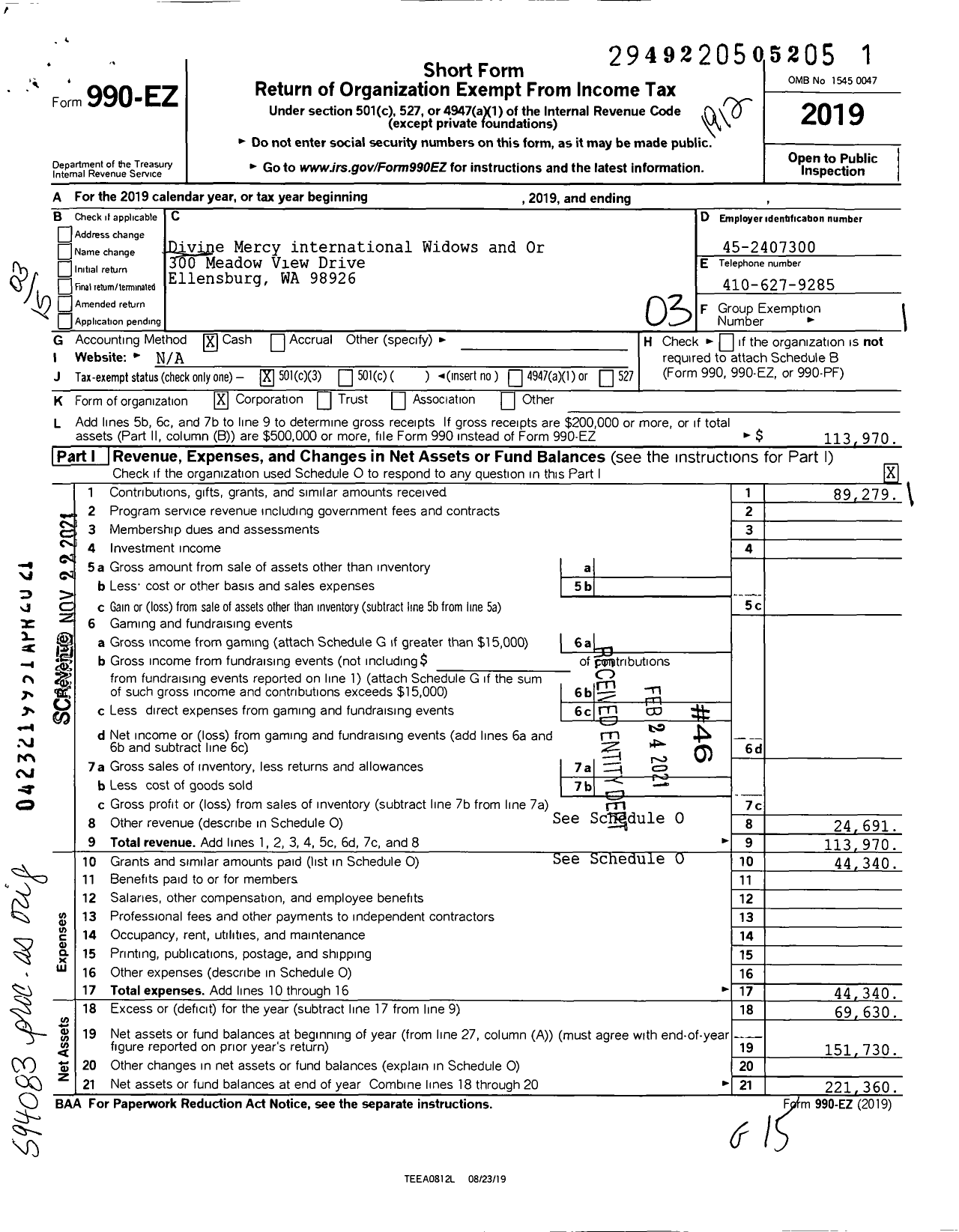 Image of first page of 2019 Form 990EZ for Divine Mercy international Widows and Or