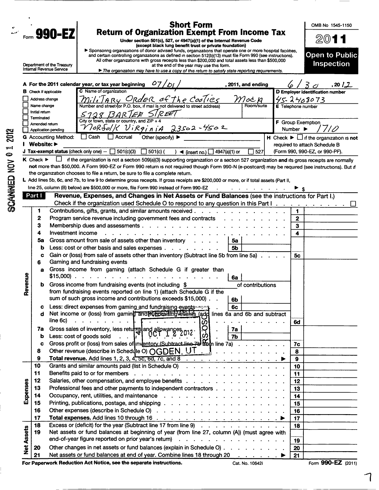 Image of first page of 2011 Form 990EO for Military Order of the Cootie of the United States - PT 2 Norfolk Crabs Auxiliary