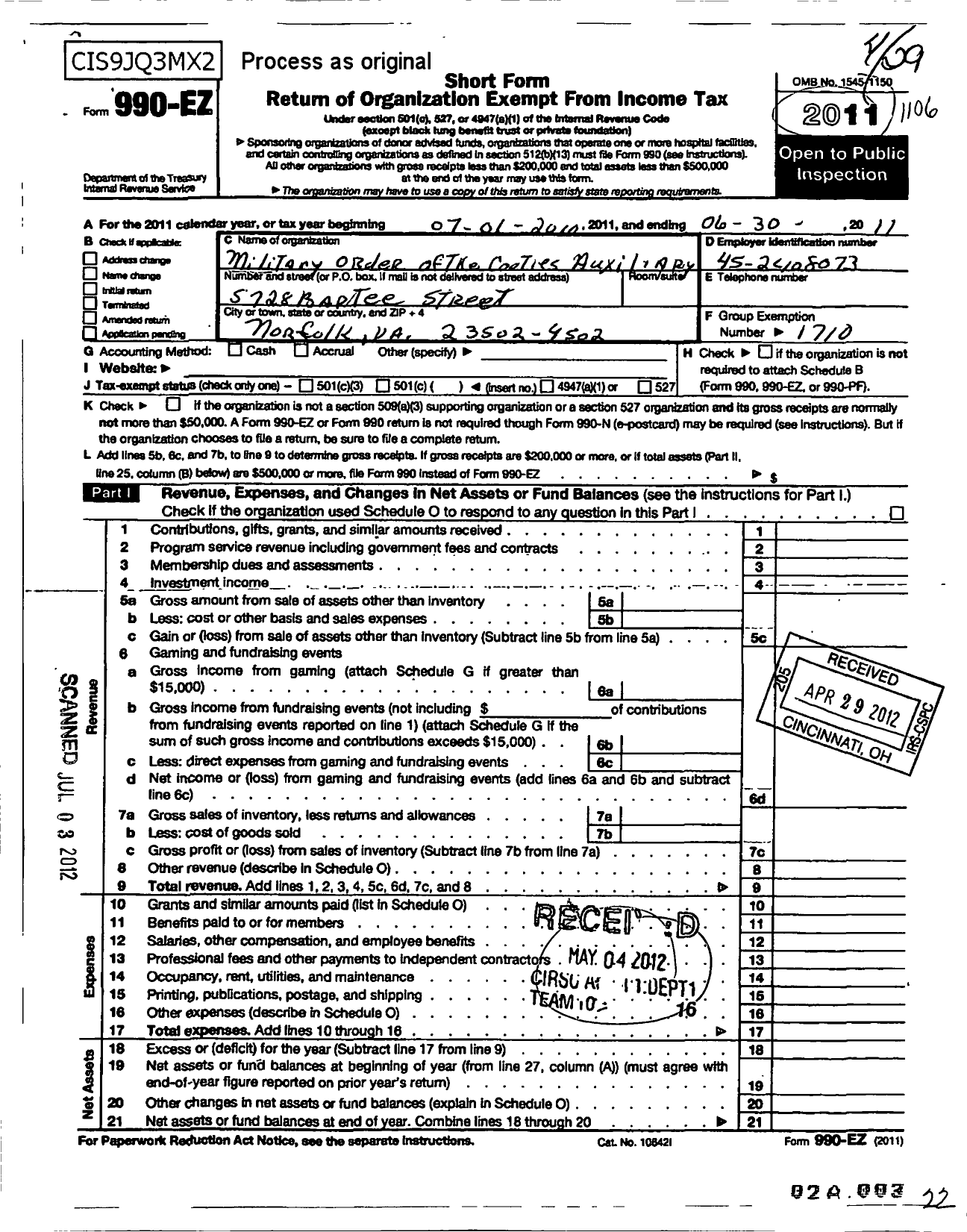 Image of first page of 2010 Form 990EO for Military Order of the Cootie of the United States - PT 2 Norfolk Crabs Auxiliary