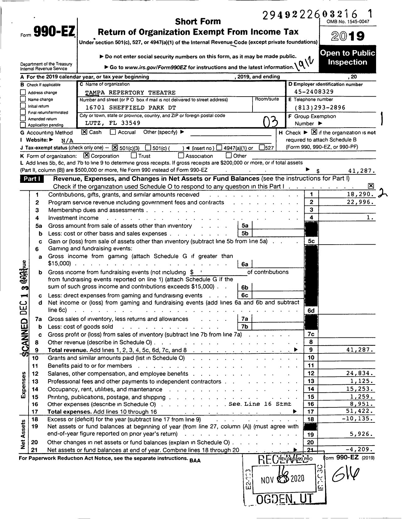 Image of first page of 2019 Form 990EZ for Tampa Repertory Theatre