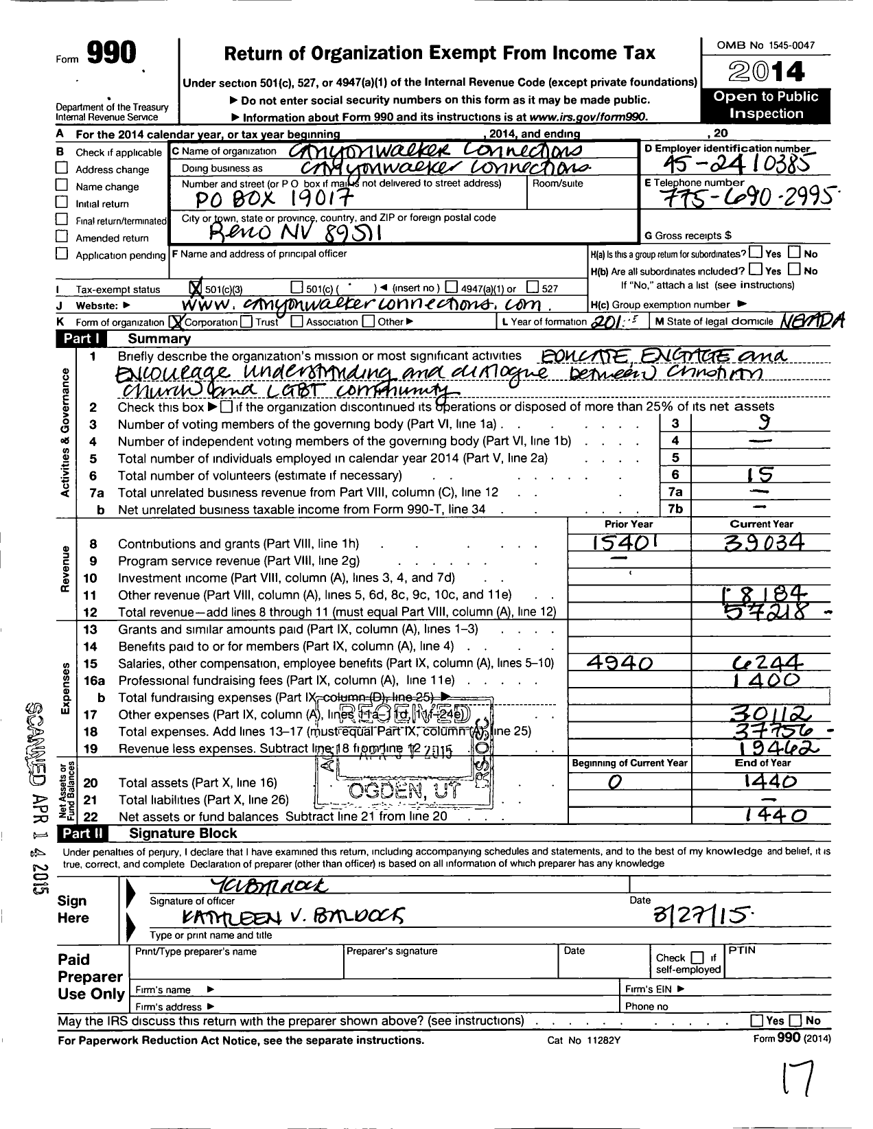 Image of first page of 2014 Form 990 for Canyonwalker Connections