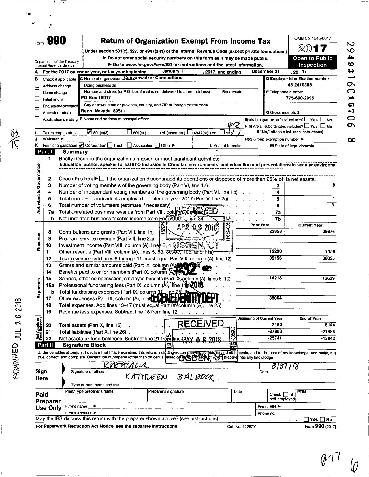 Image of first page of 2017 Form 990 for Canyonwalker Connections