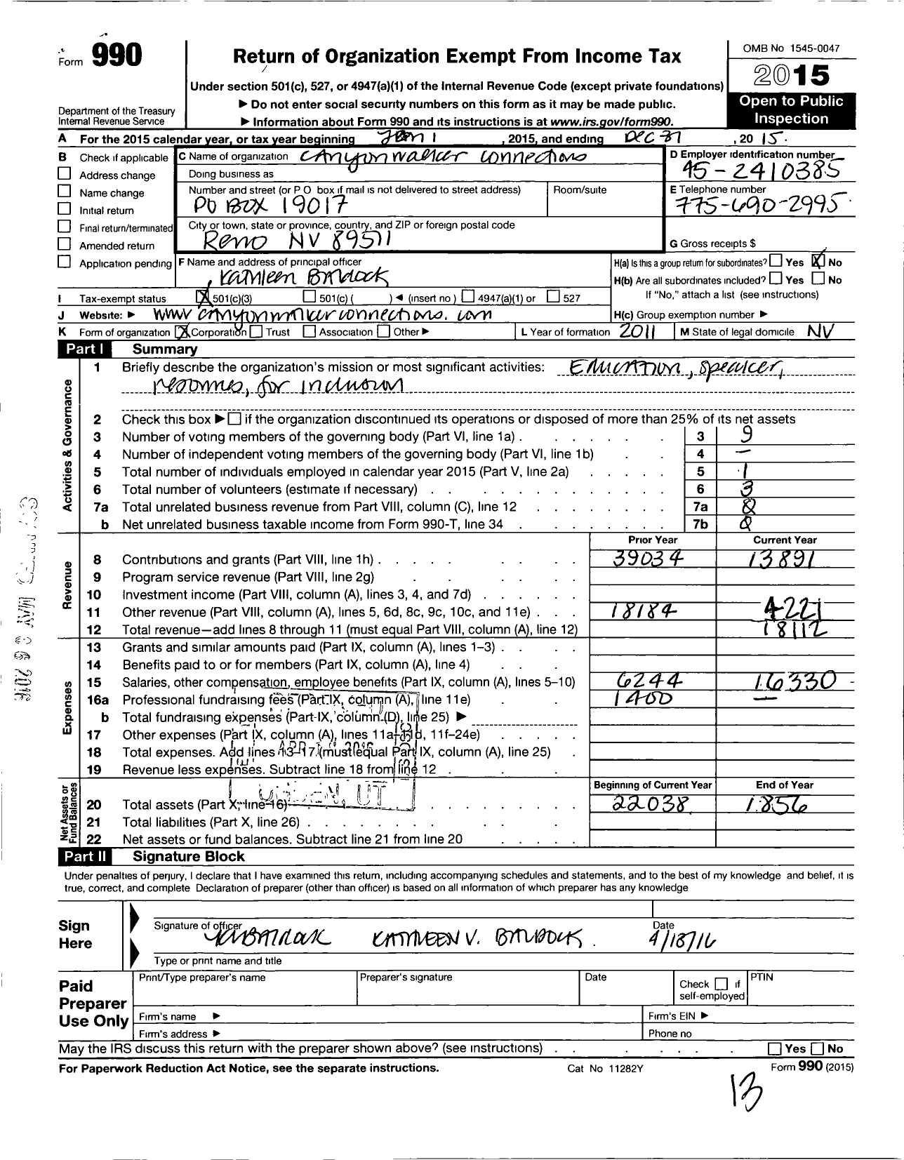 Image of first page of 2015 Form 990 for Canyonwalker Connections