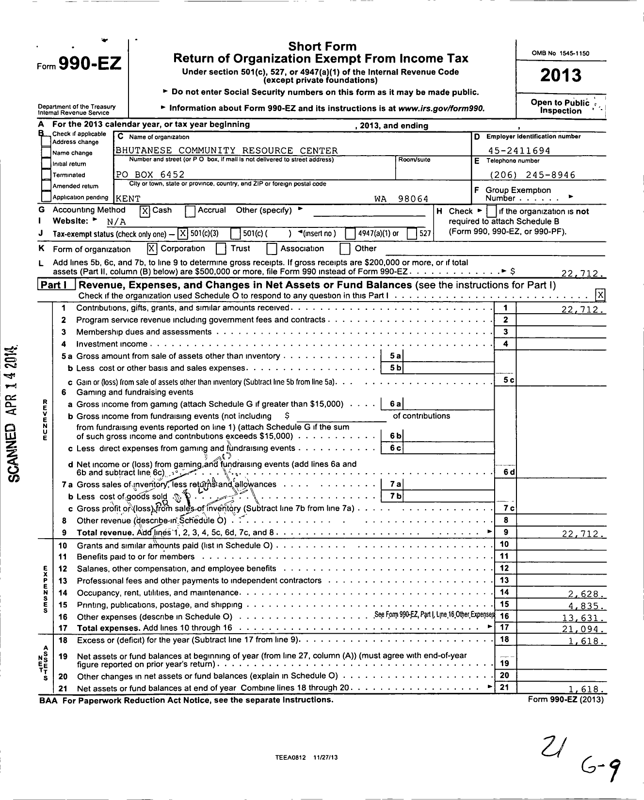 Image of first page of 2013 Form 990EZ for Bhutanese Community Resource Center