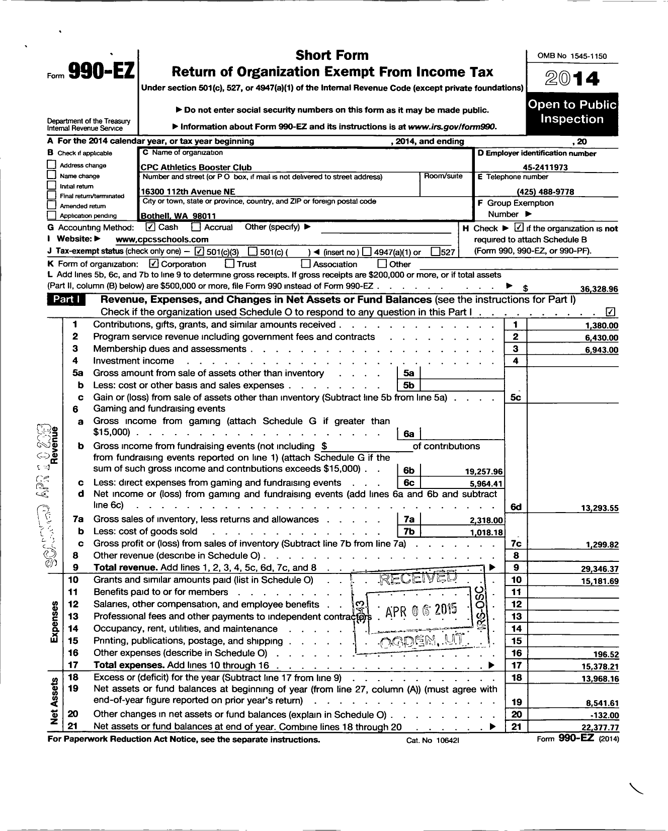 Image of first page of 2014 Form 990EZ for CPC Athletics Booster Club