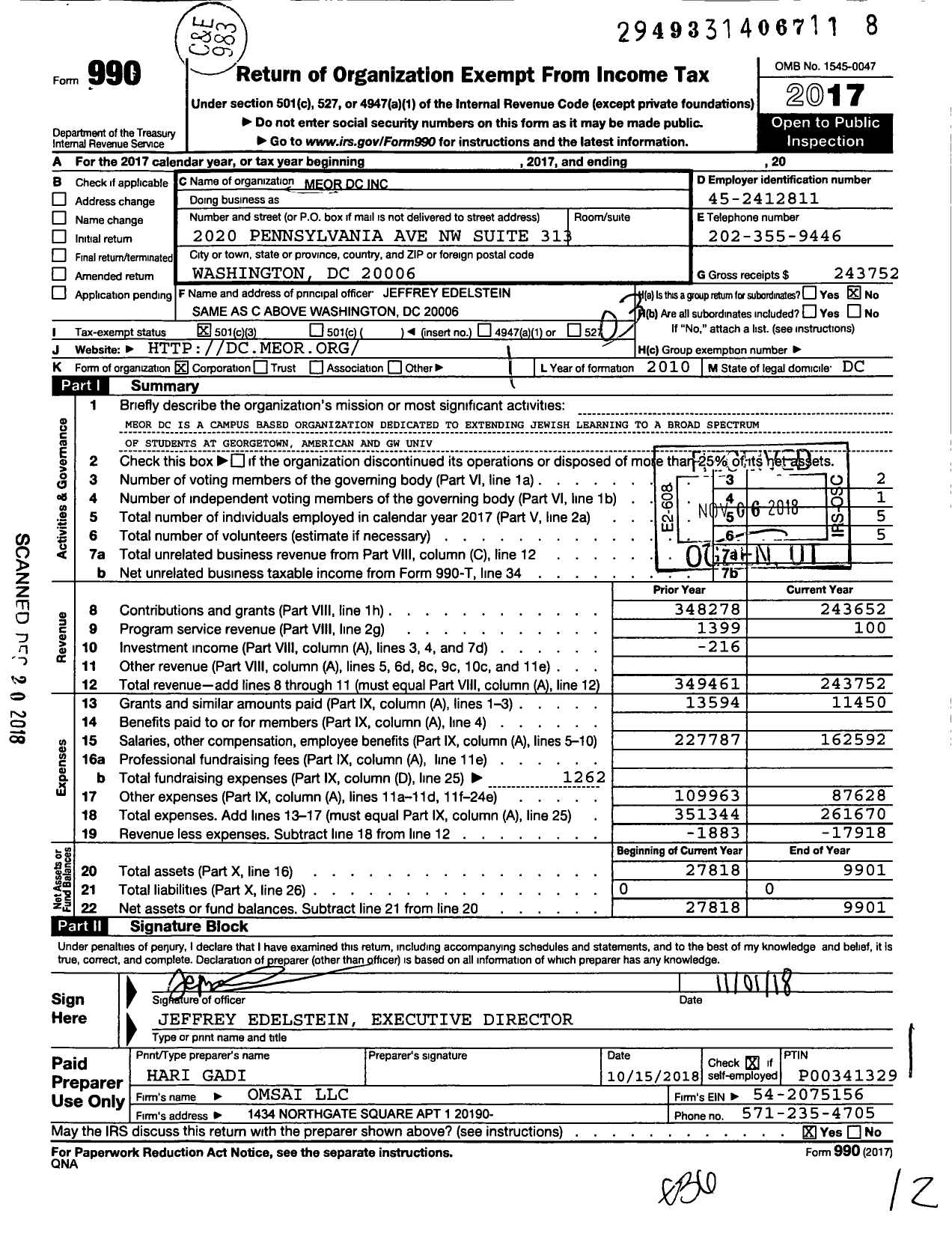 Image of first page of 2017 Form 990 for Meor DC