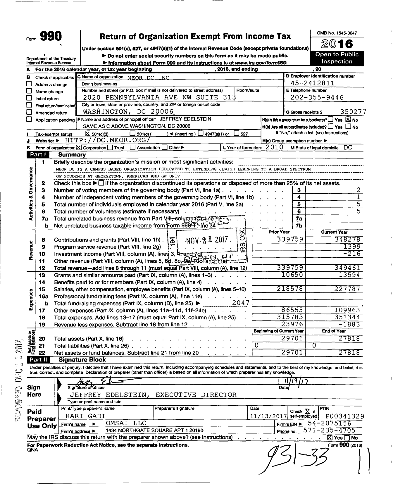 Image of first page of 2016 Form 990 for Meor DC