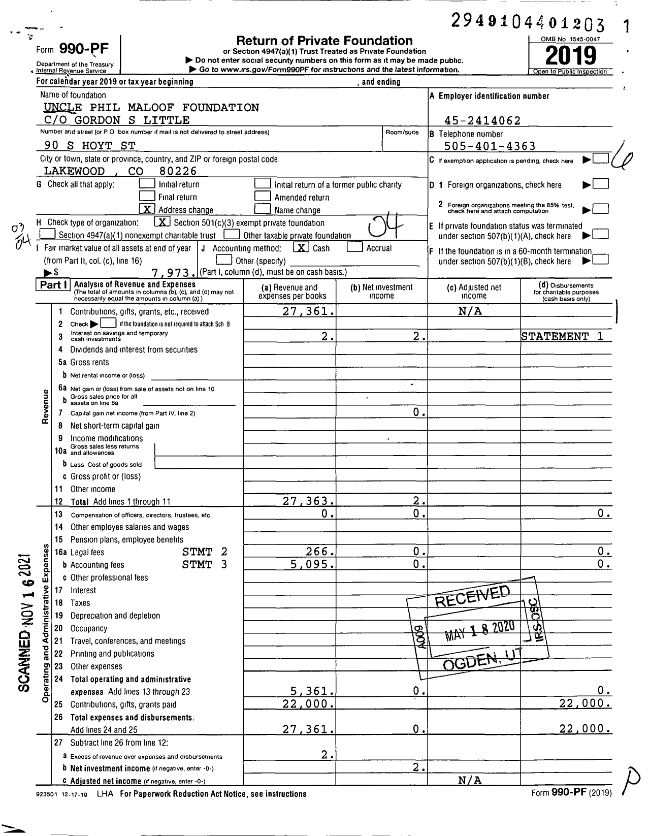 Image of first page of 2019 Form 990PF for The Maloof Foundation