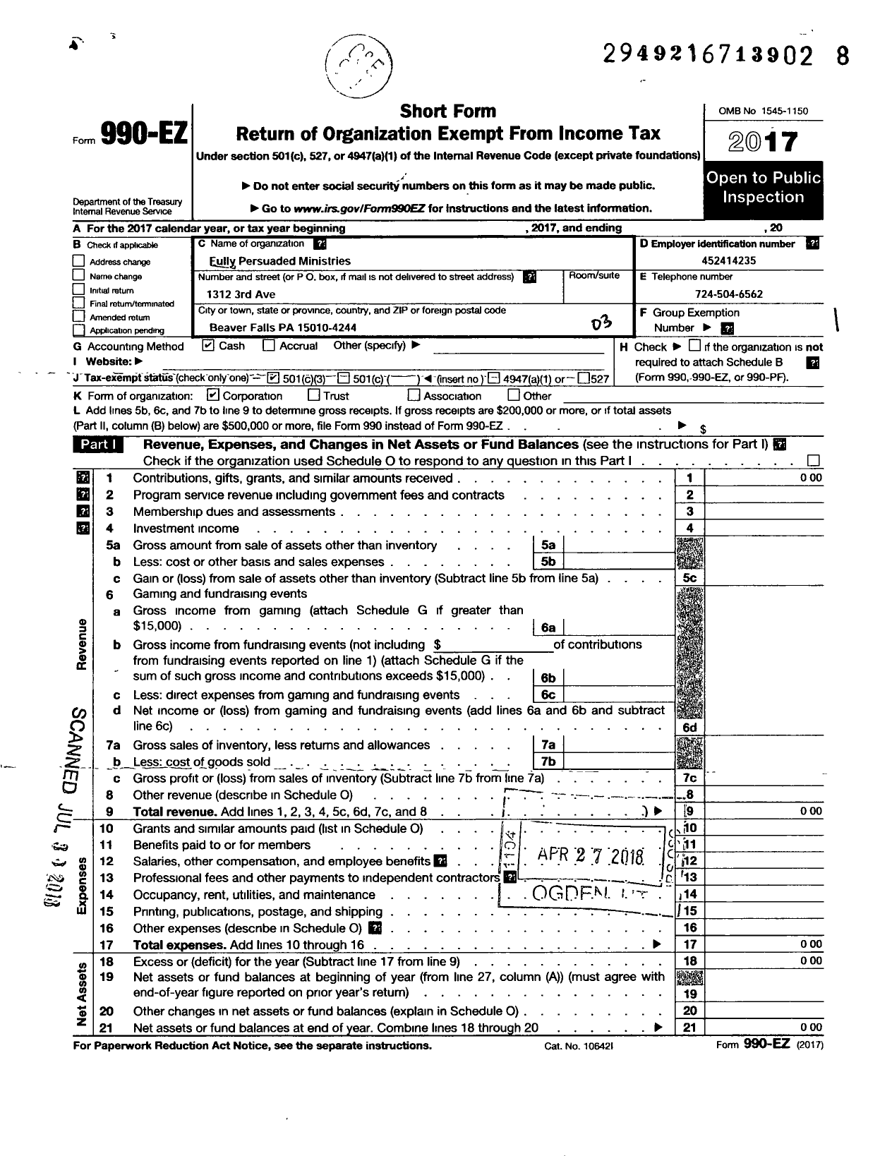 Image of first page of 2017 Form 990EZ for Fully Persuaded Ministries