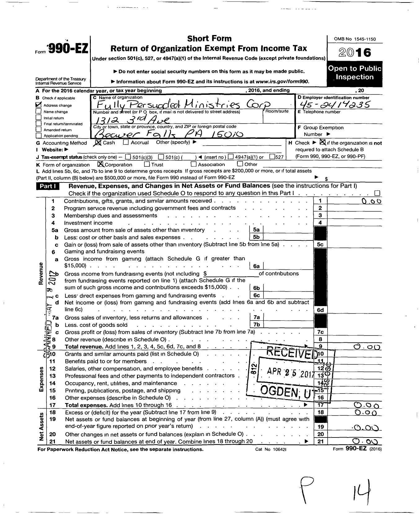 Image of first page of 2016 Form 990EO for Fully Persuaded Ministries