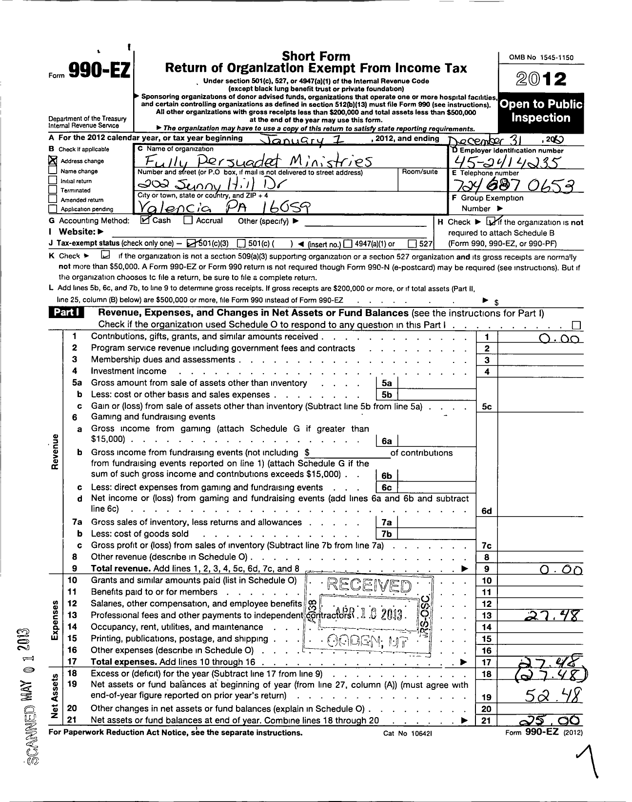 Image of first page of 2012 Form 990EZ for Fully Persuaded Ministries