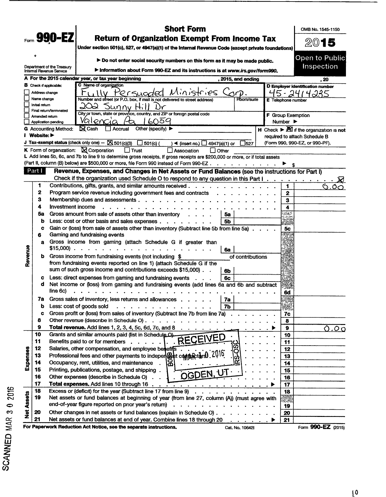 Image of first page of 2015 Form 990EZ for Fully Persuaded Ministries