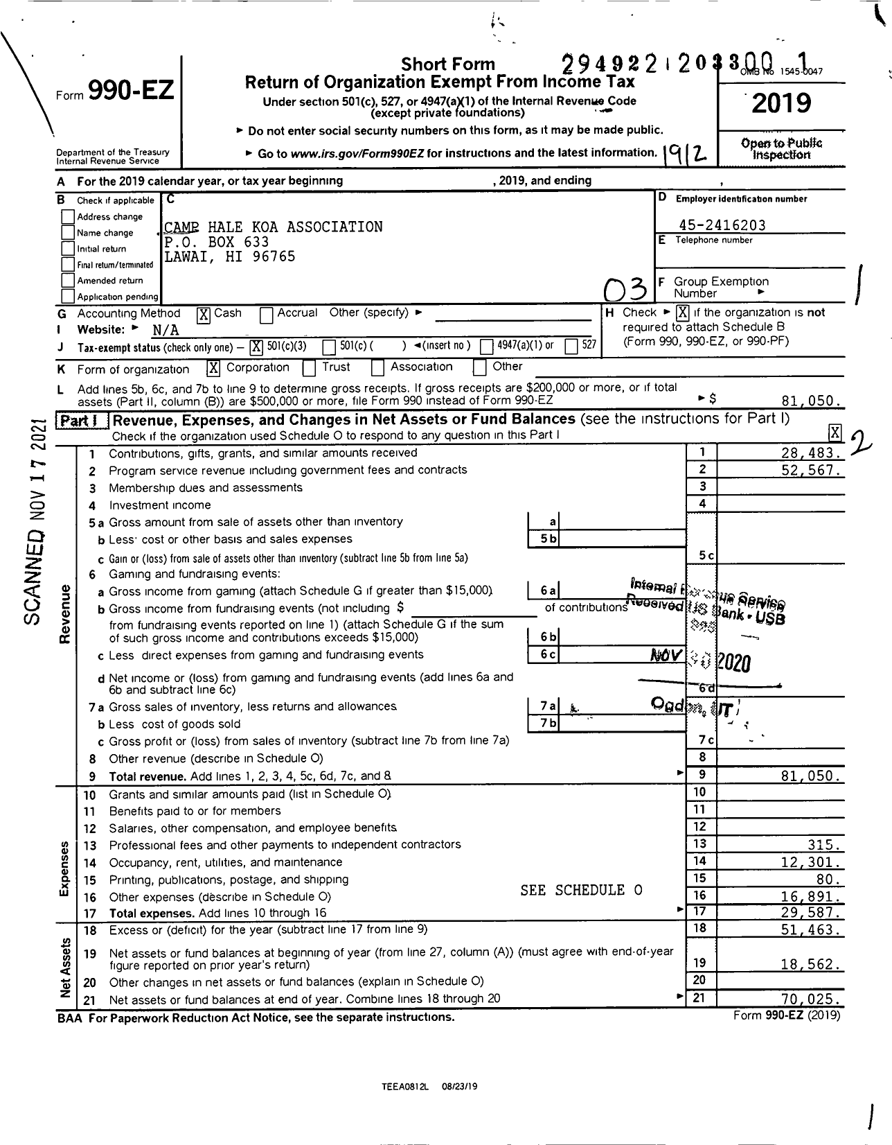 Image of first page of 2019 Form 990EZ for Camp Hale Koa Association