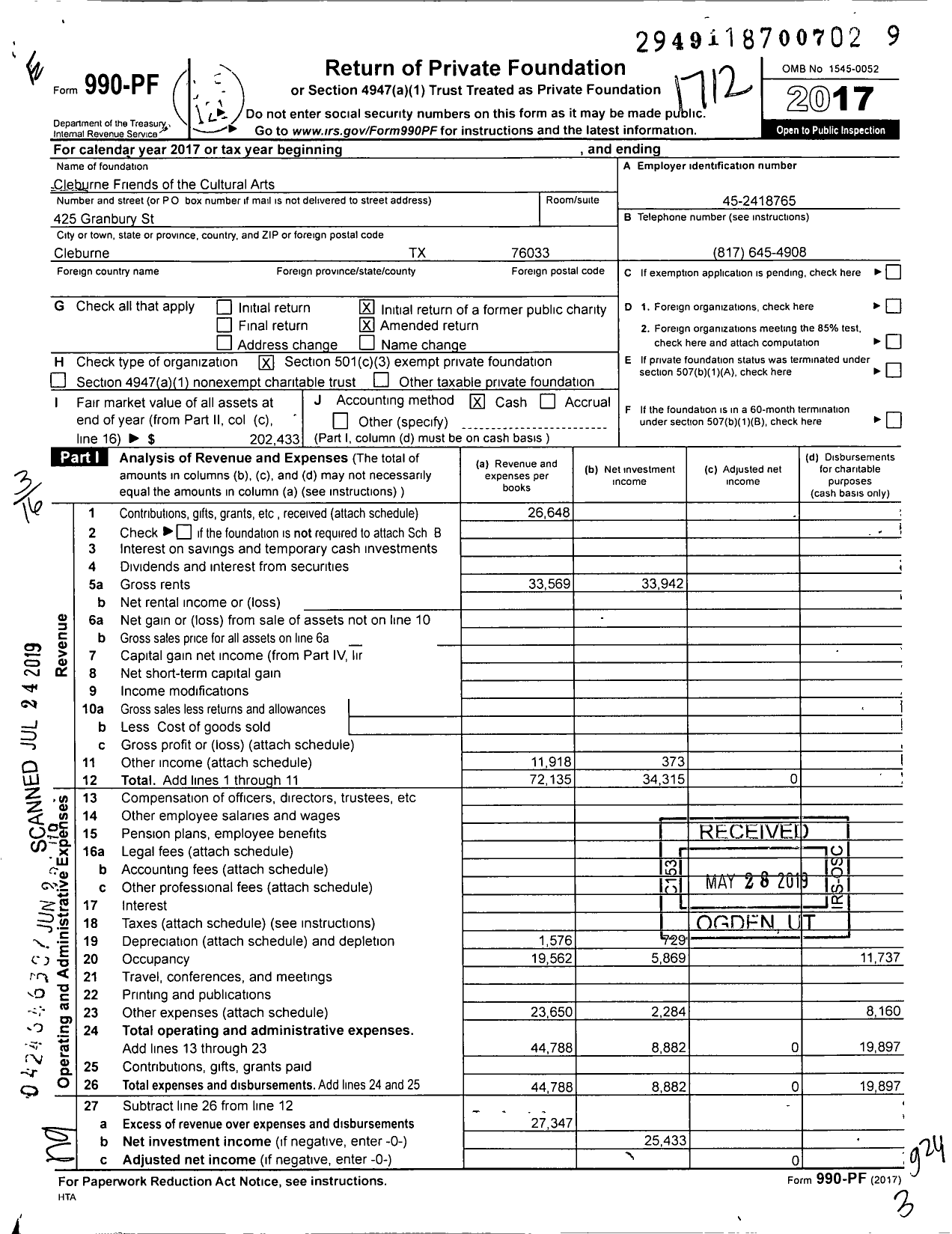 Image of first page of 2017 Form 990PF for Cleburne Friends of the Cultural Arts