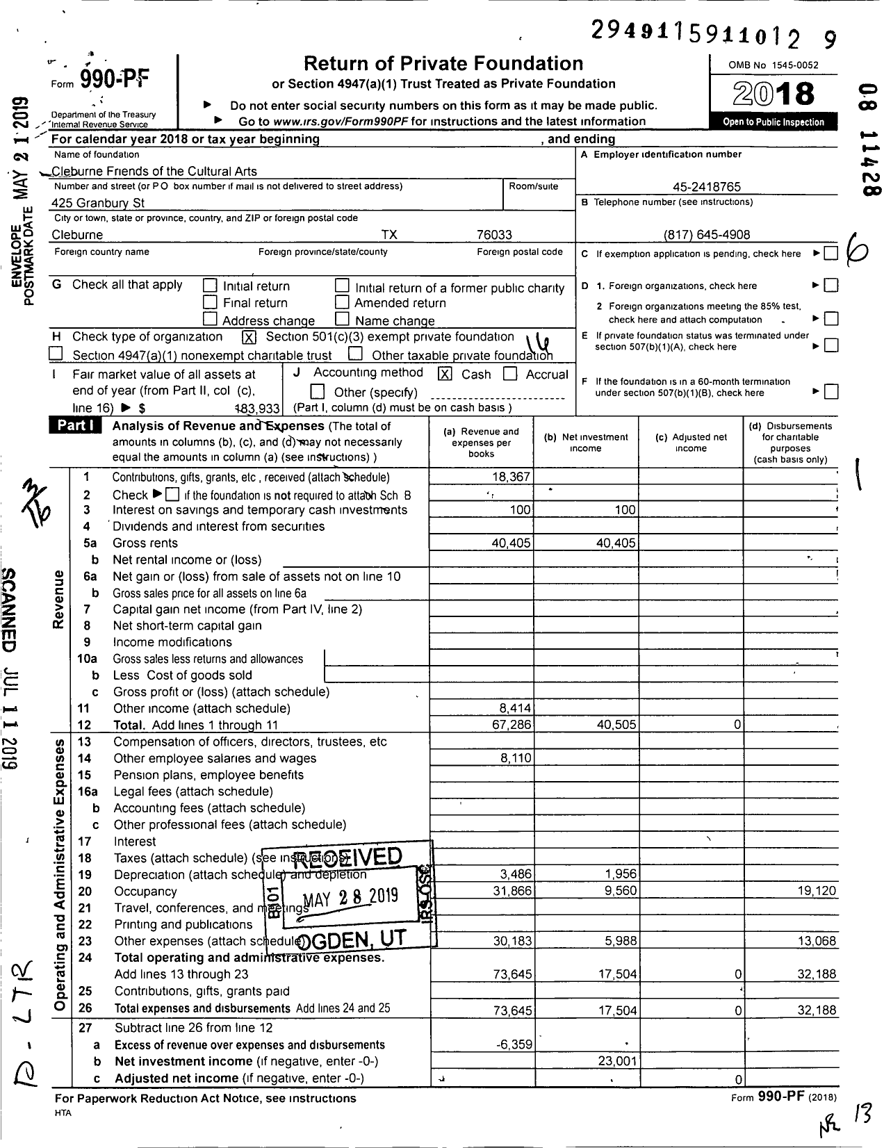 Image of first page of 2018 Form 990PF for Cleburne Friends of the Cultural Arts