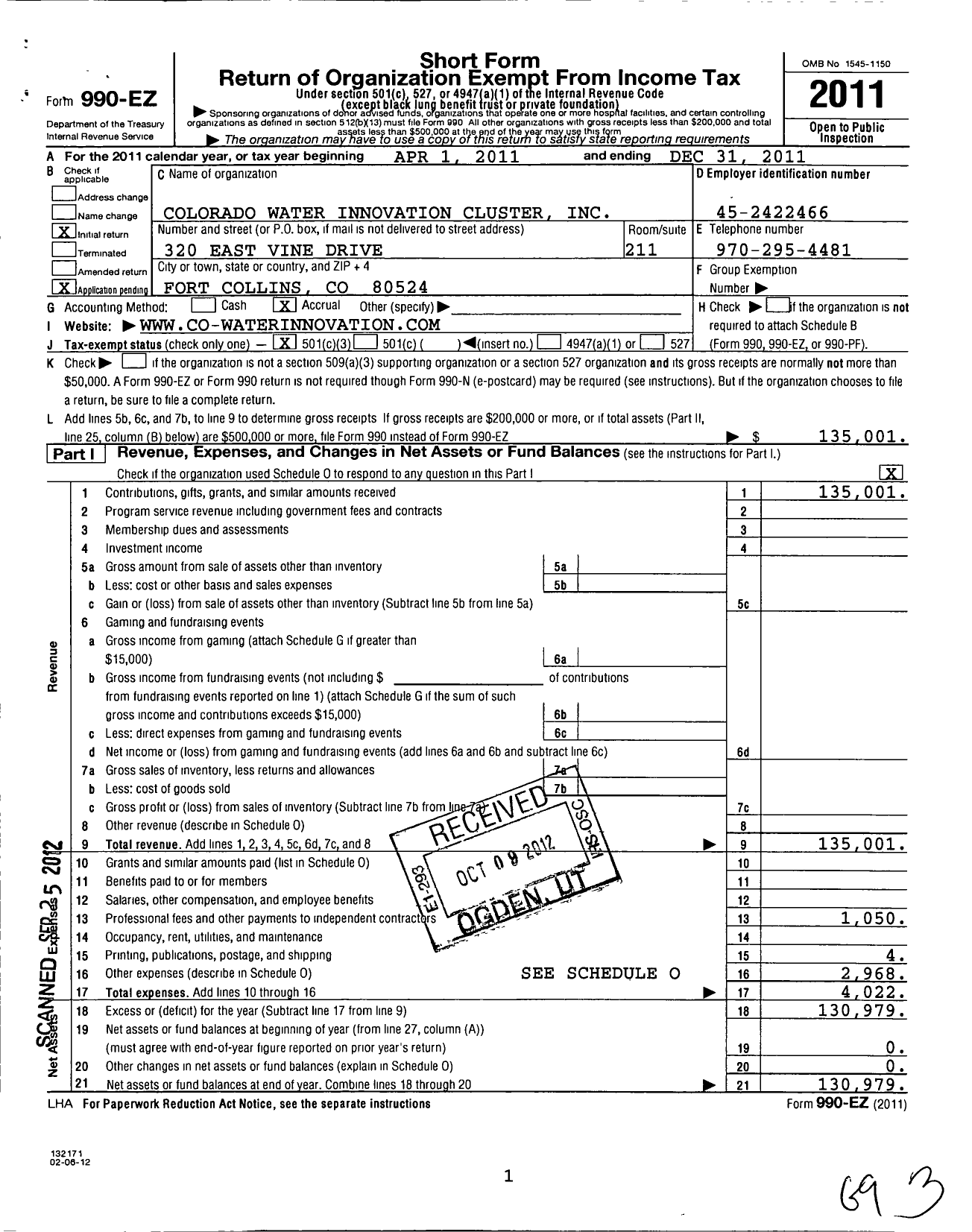 Image of first page of 2011 Form 990EZ for Colorado Water Innovation Cluster