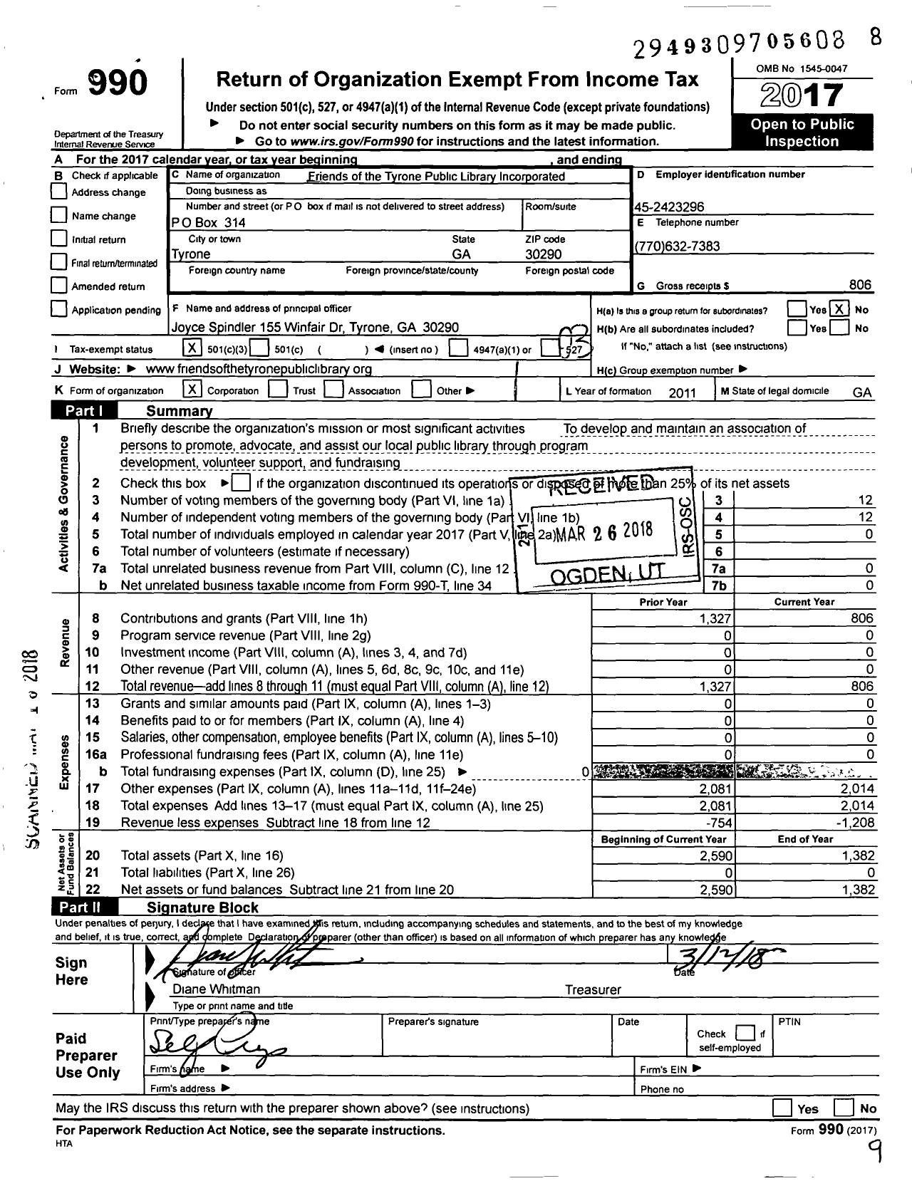 Image of first page of 2017 Form 990 for Friends of the Tyrone Public Library Incorporated