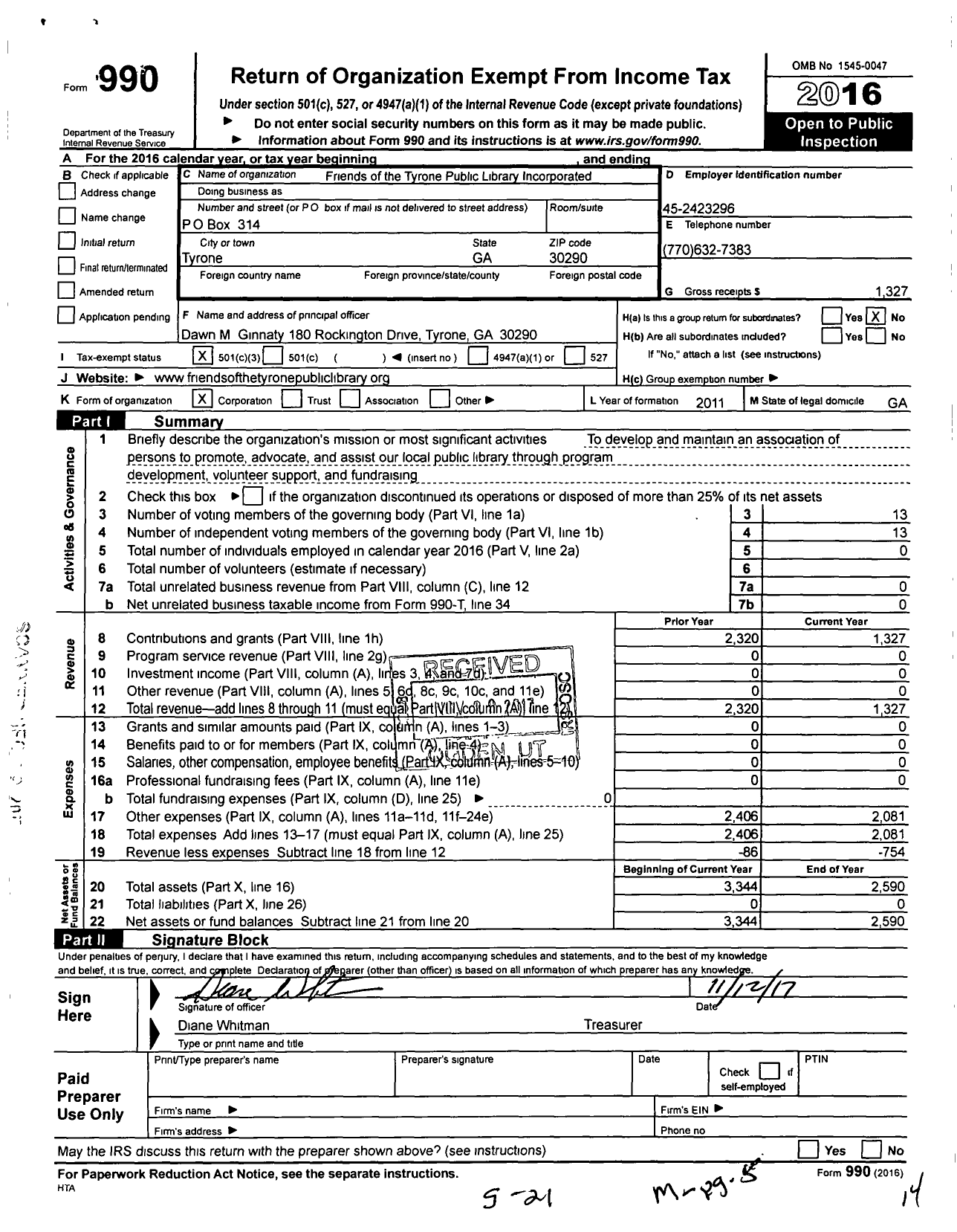 Image of first page of 2016 Form 990 for Friends of the Tyrone Public Library Incorporated