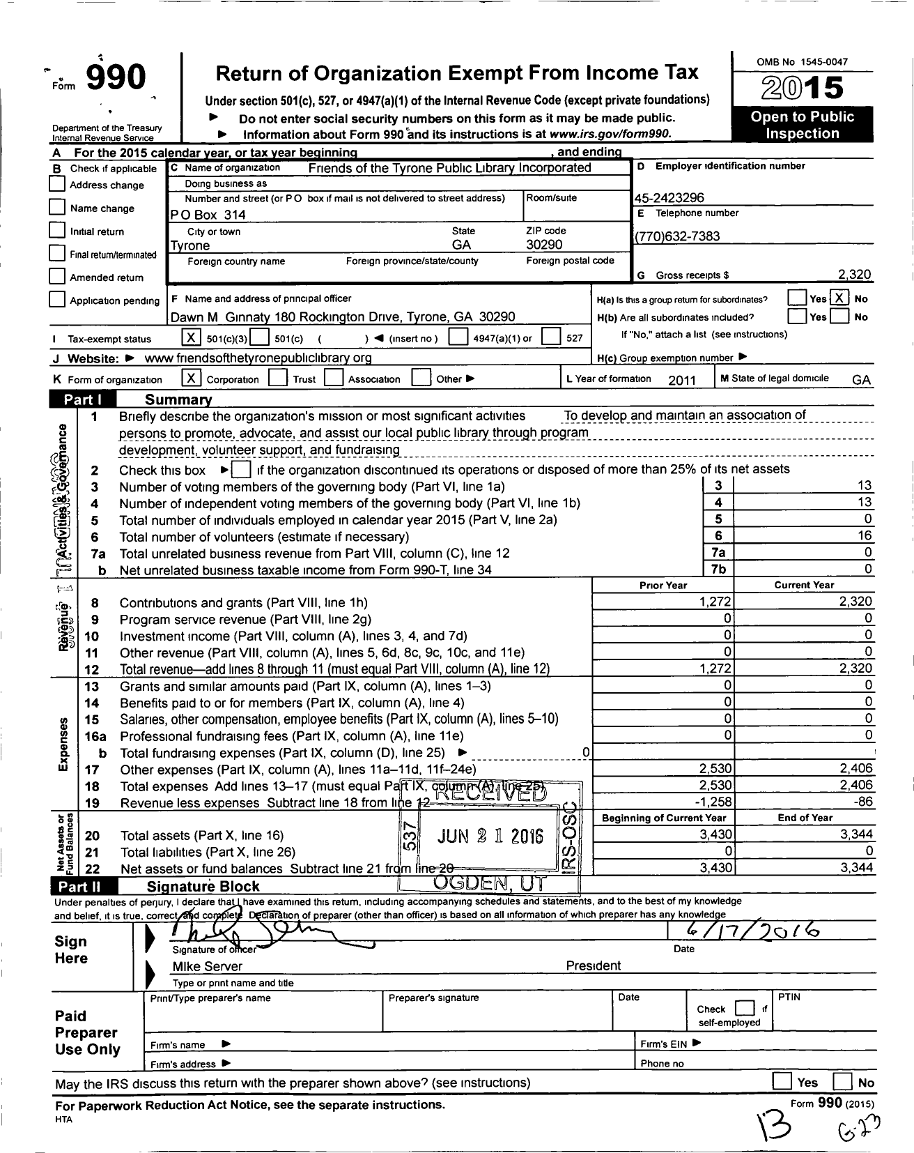 Image of first page of 2015 Form 990O for Friends of the Tyrone Public Library Incorporated