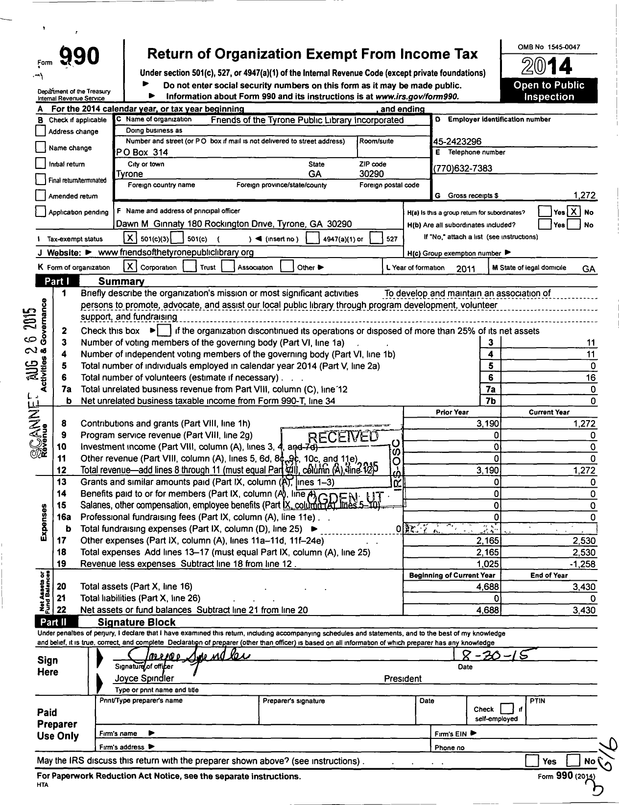 Image of first page of 2014 Form 990 for Friends of the Tyrone Public Library Incorporated