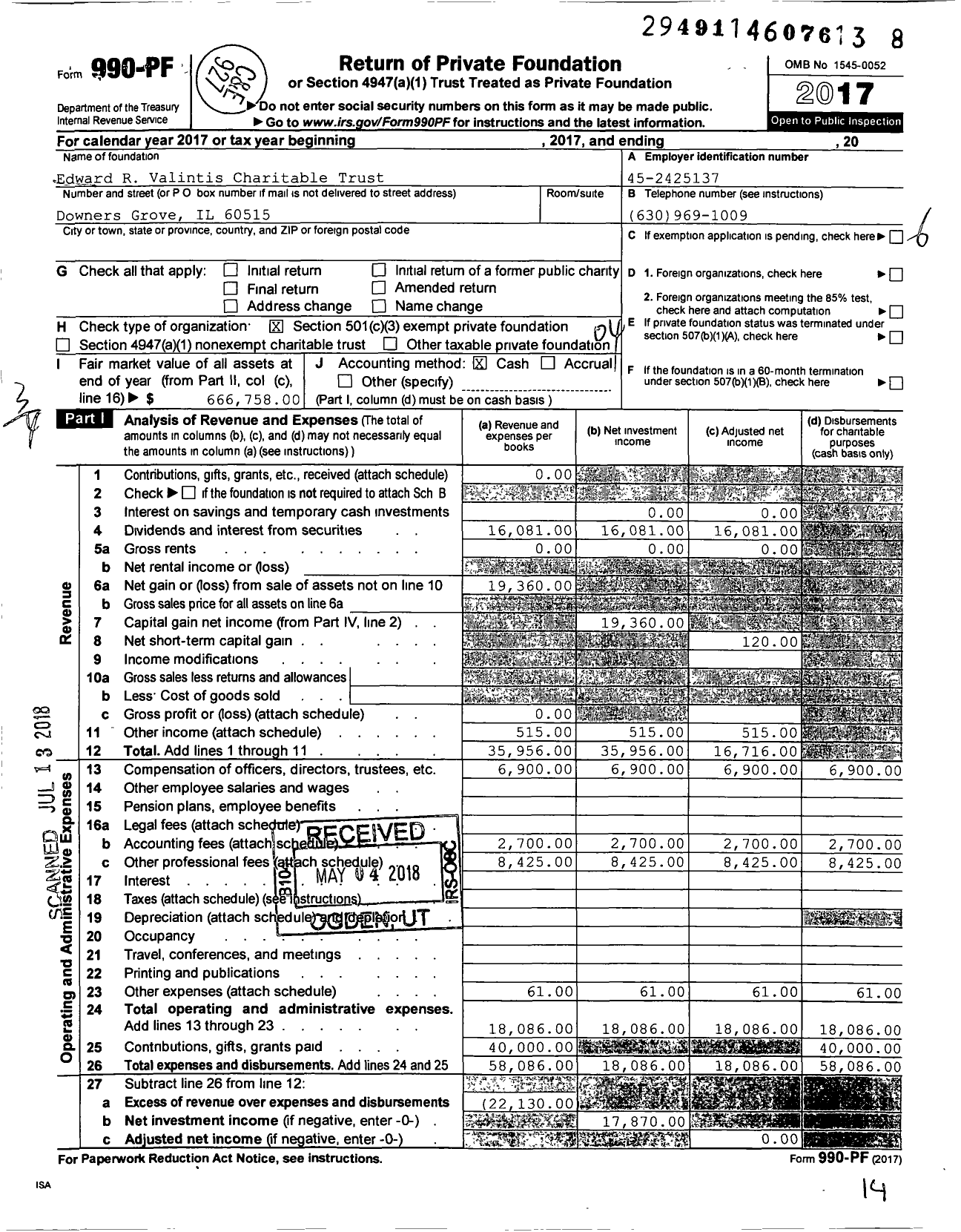 Image of first page of 2017 Form 990PF for Edward R Valintis Charitable Trust