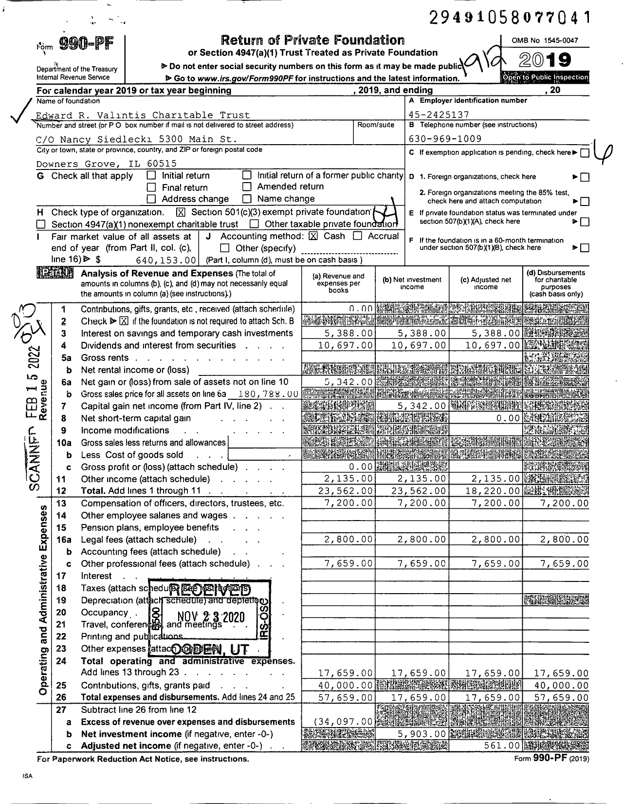 Image of first page of 2019 Form 990PF for Edward R Valintis Charitable Trust