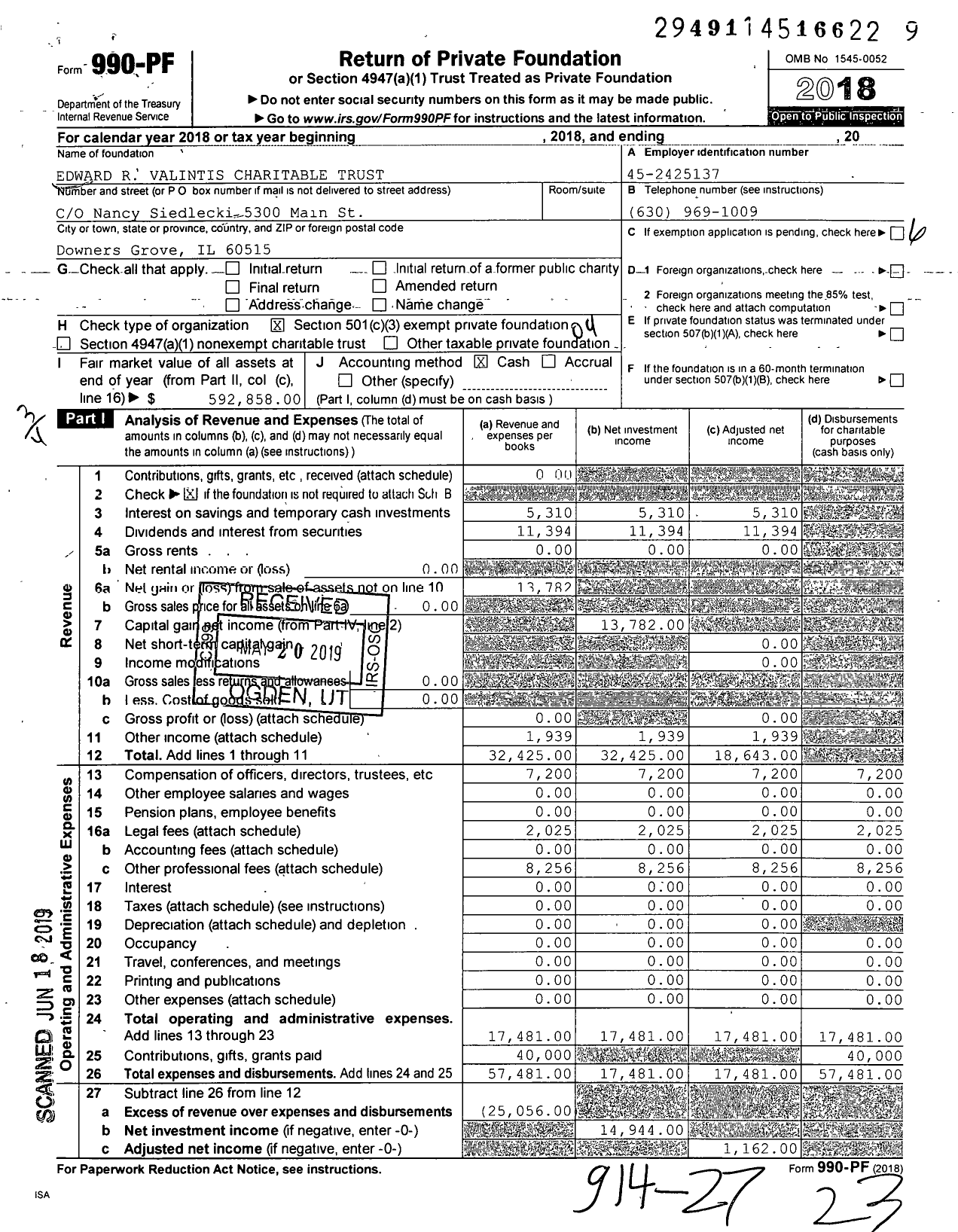 Image of first page of 2018 Form 990PF for Edward R Valintis Charitable Trust