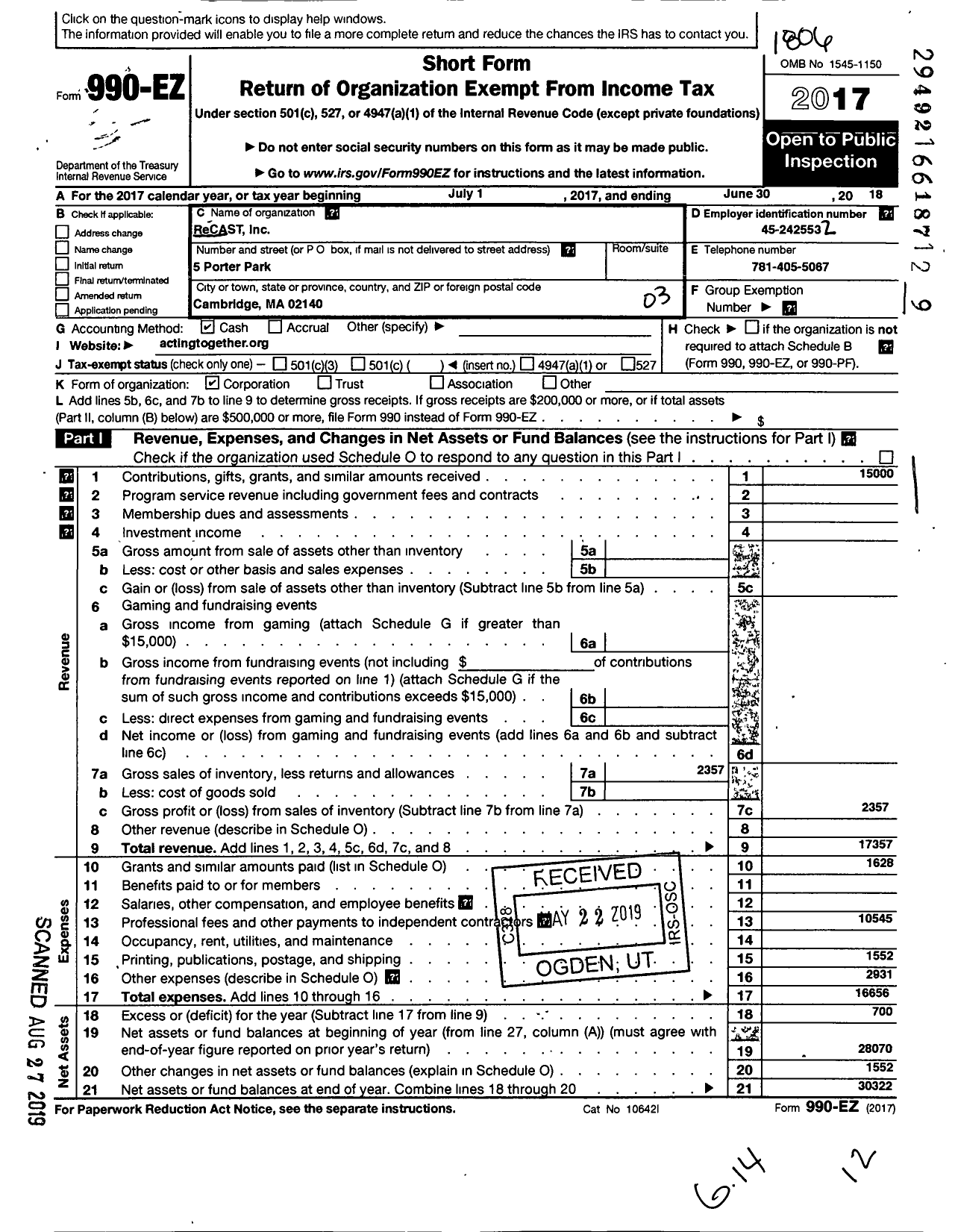 Image of first page of 2017 Form 990EZ for IMPACT Imagining Together Platform Arts Culture Conflict Transfrmtn