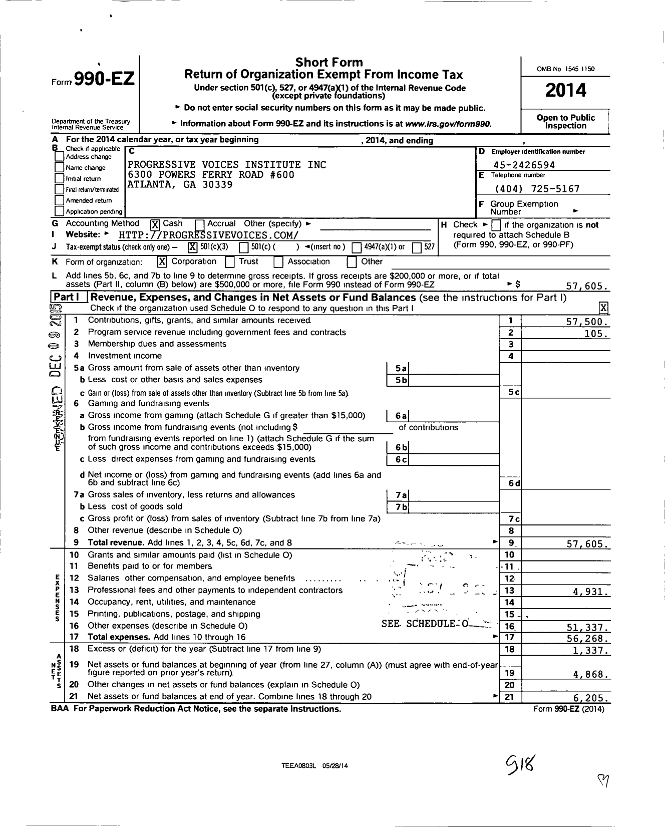 Image of first page of 2014 Form 990EZ for Progressive Voices Institute