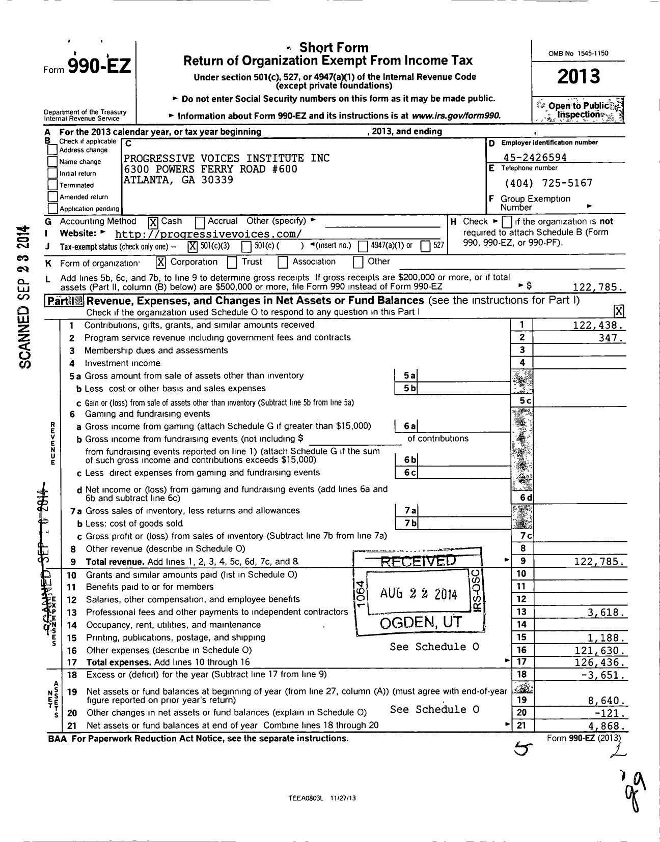 Image of first page of 2013 Form 990EZ for Progressive Voices Institute