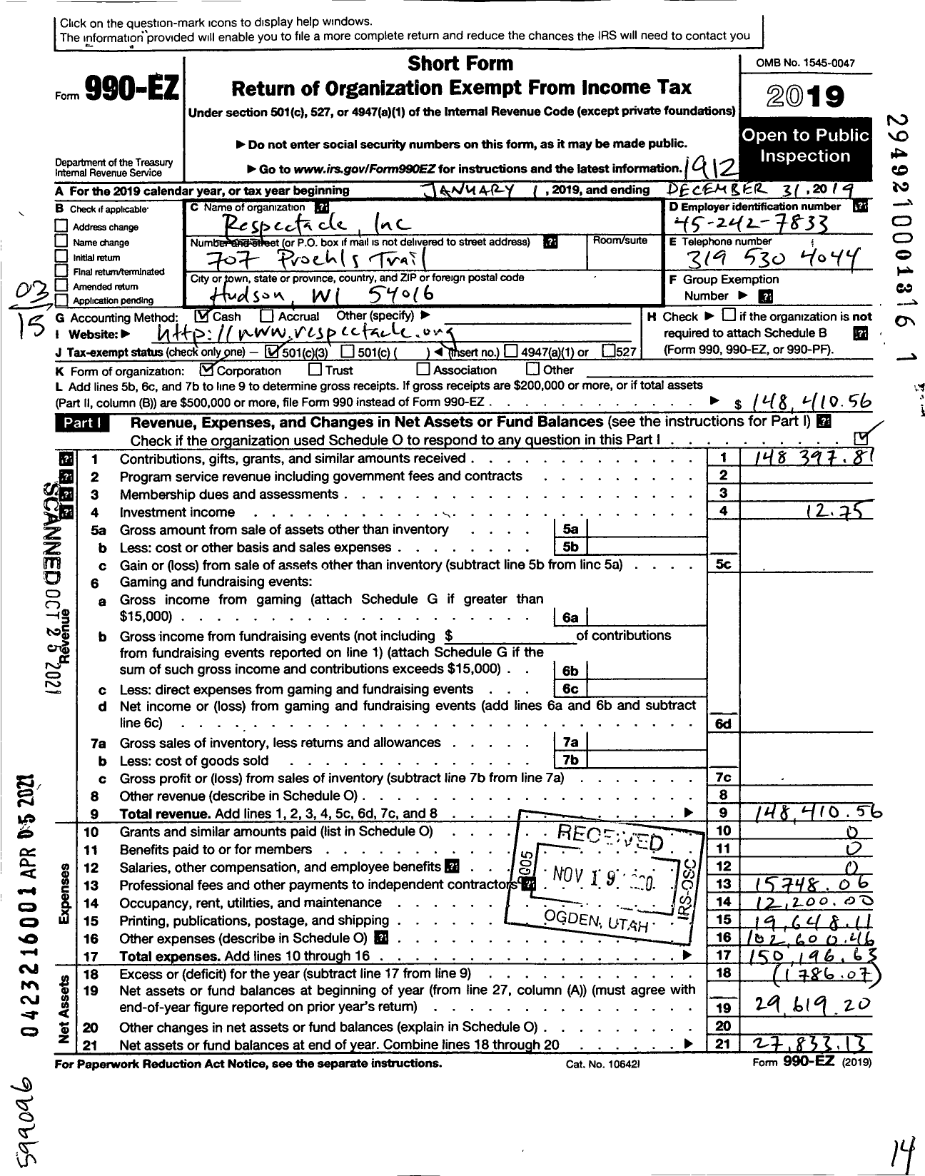 Image of first page of 2019 Form 990EZ for ReSpectacle