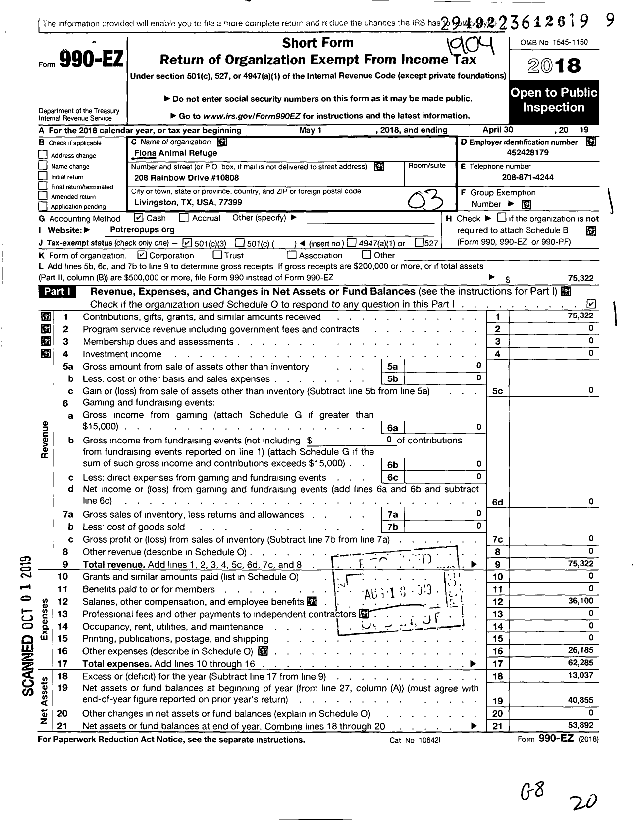 Image of first page of 2018 Form 990EZ for Fiona Animal Refuge