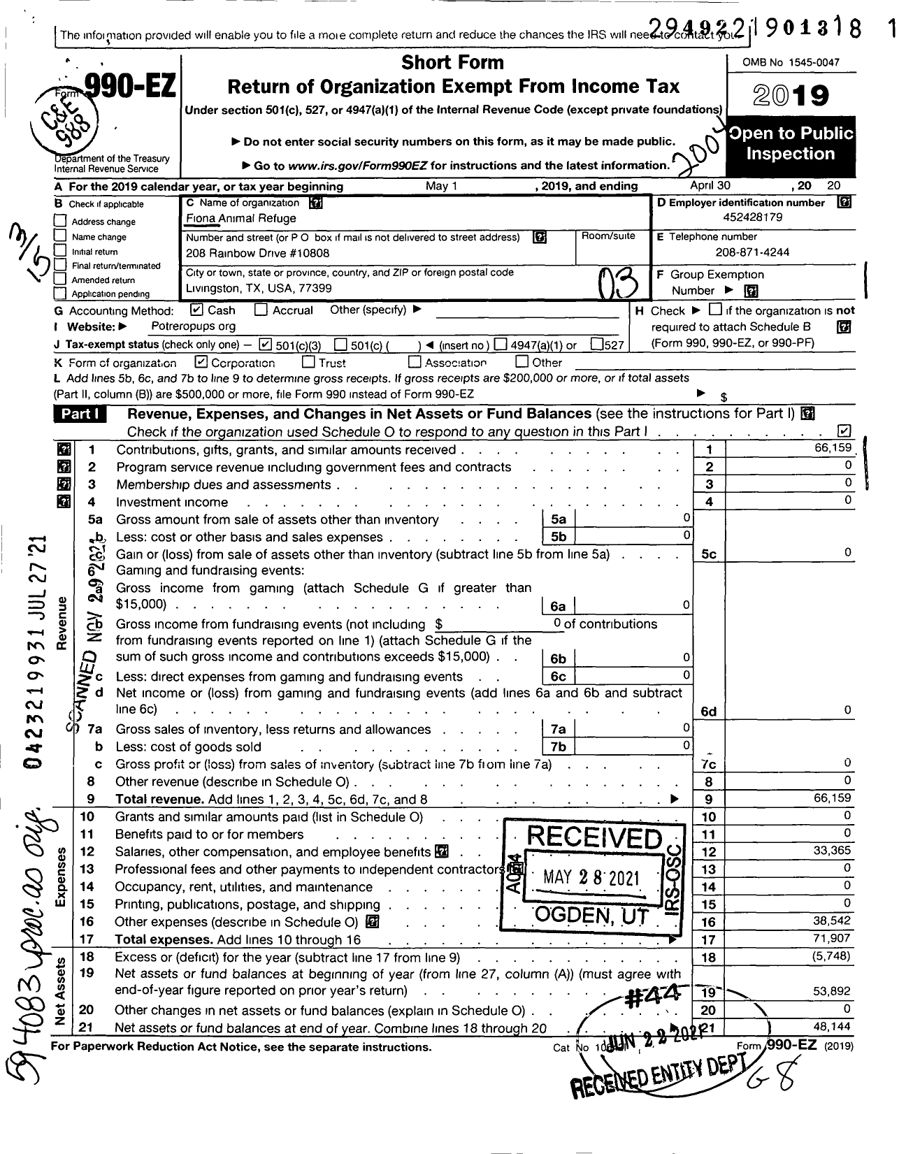 Image of first page of 2019 Form 990EZ for Fiona Animal Refuge