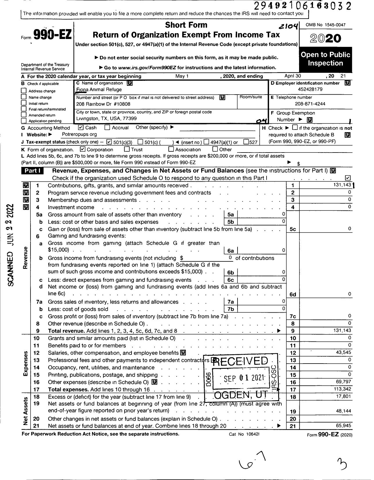 Image of first page of 2020 Form 990EO for Fiona Animal Refuge