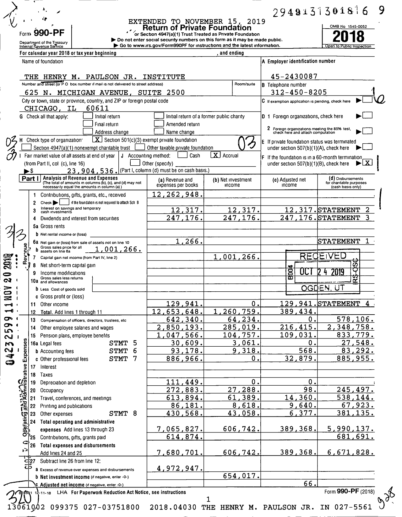 Image of first page of 2018 Form 990PF for The Henry M Paulson JR Institute