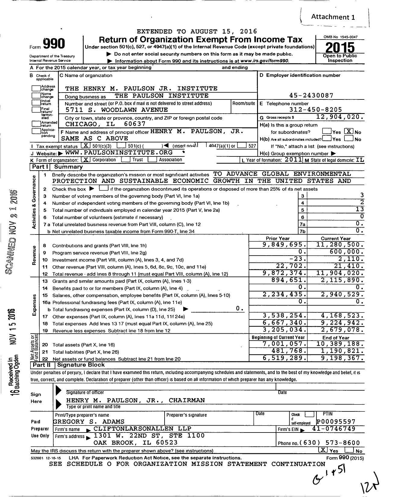 Image of first page of 2015 Form 990 for The Henry M Paulson JR Institute
