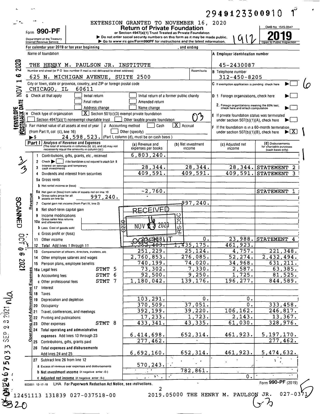 Image of first page of 2019 Form 990PF for The Henry M Paulson JR Institute